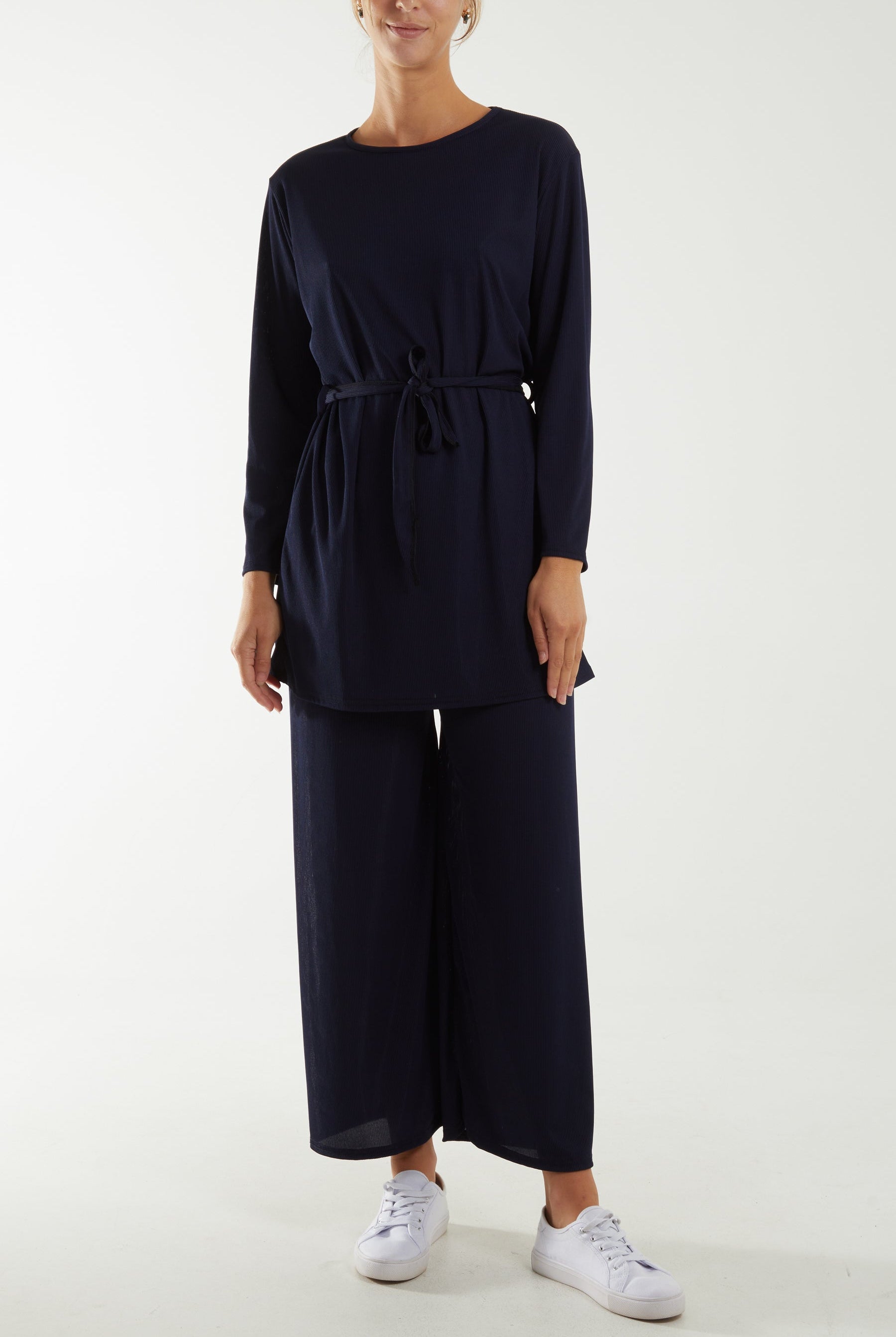 Tied Front Top & Trousers Belted Set Co-Ords WearAll Navy One Size
