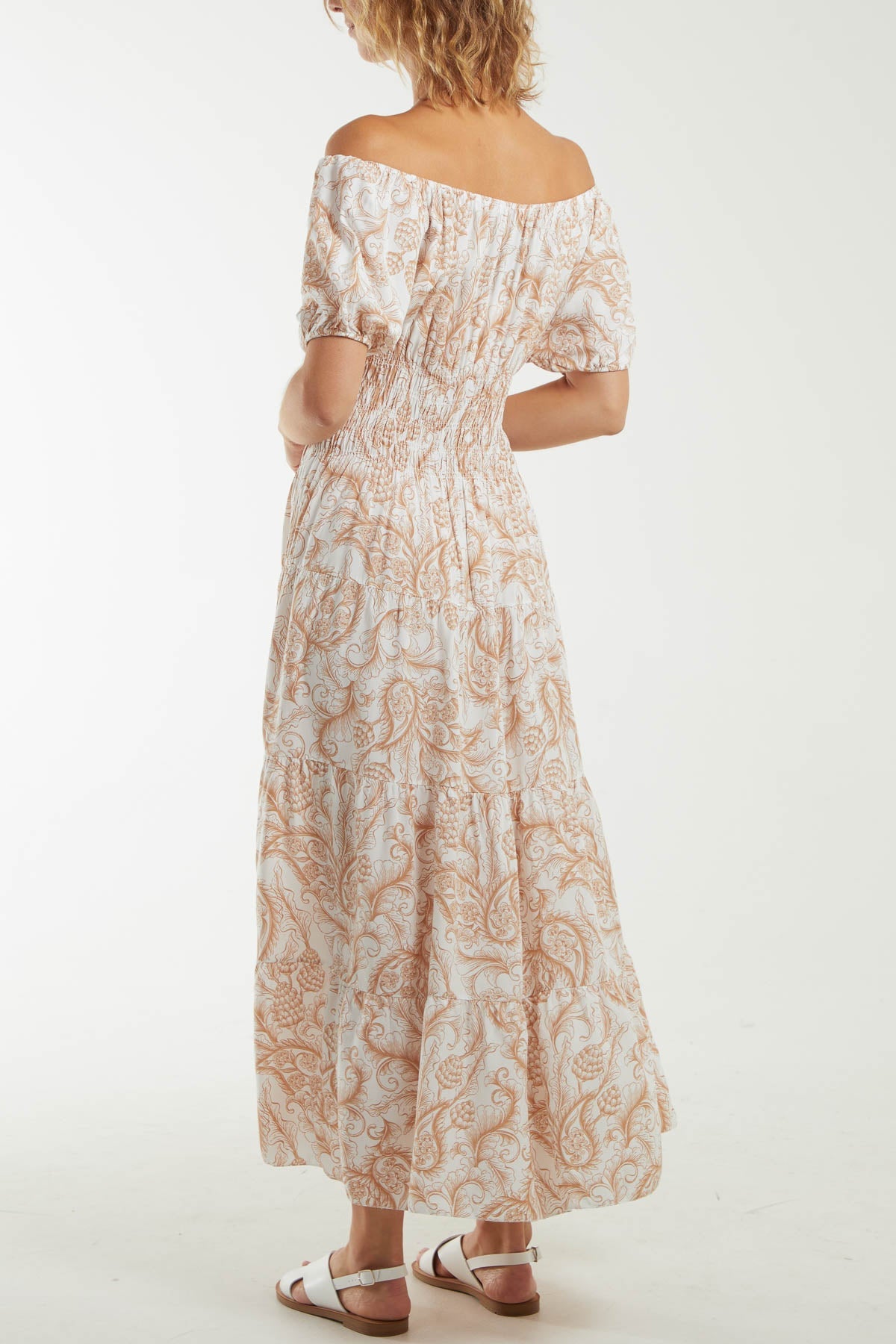 Paisley Bardot Shirred Bodice Midi Dress Dresses WearAll