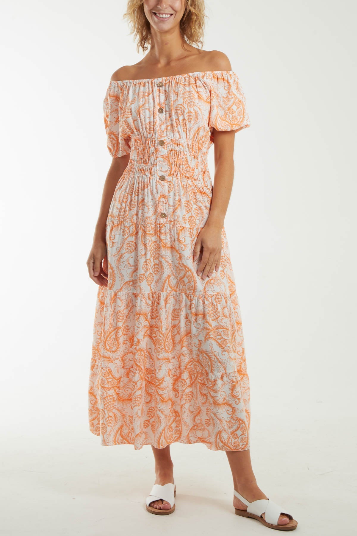 Paisley Bardot Shirred Bodice Midi Dress Dresses WearAll Orange One Size