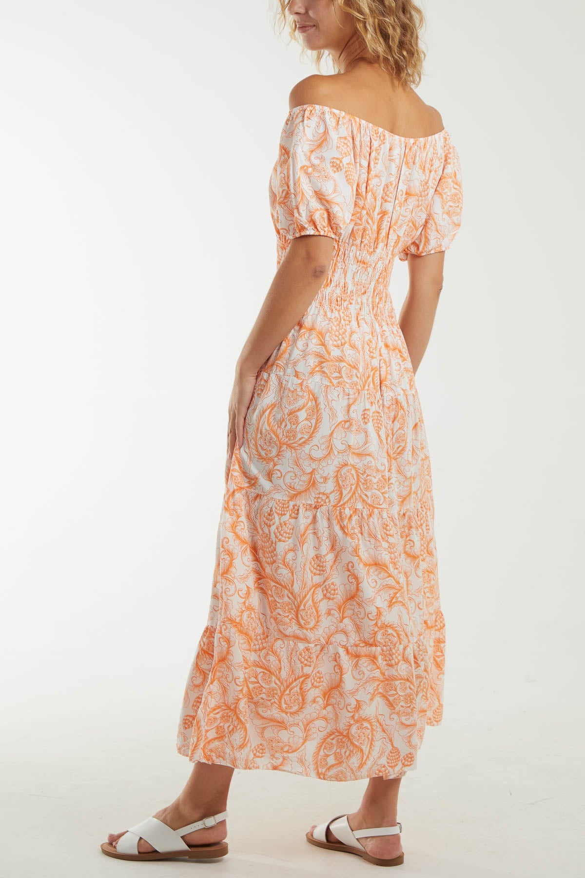 Paisley Bardot Shirred Bodice Midi Dress Dresses WearAll