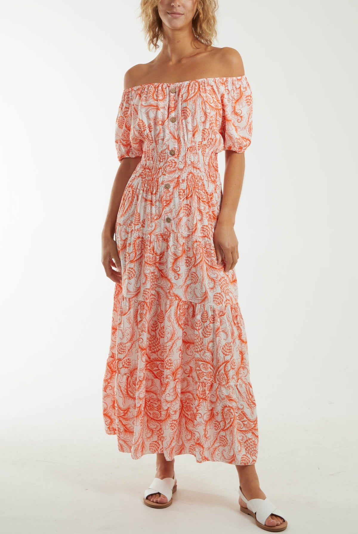 Paisley Bardot Shirred Bodice Midi Dress Dresses WearAll Burnt Orange One Size