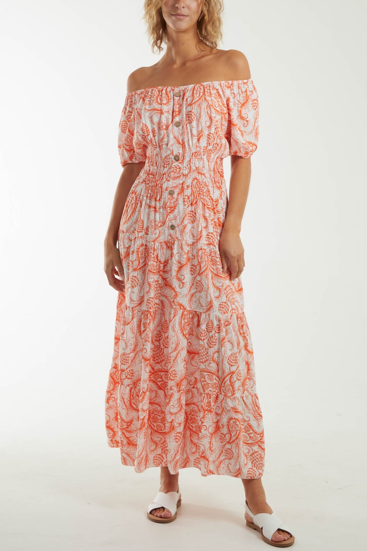 Paisley Bardot Shirred Bodice Midi Dress Dresses WearAll Burnt Orange One Size