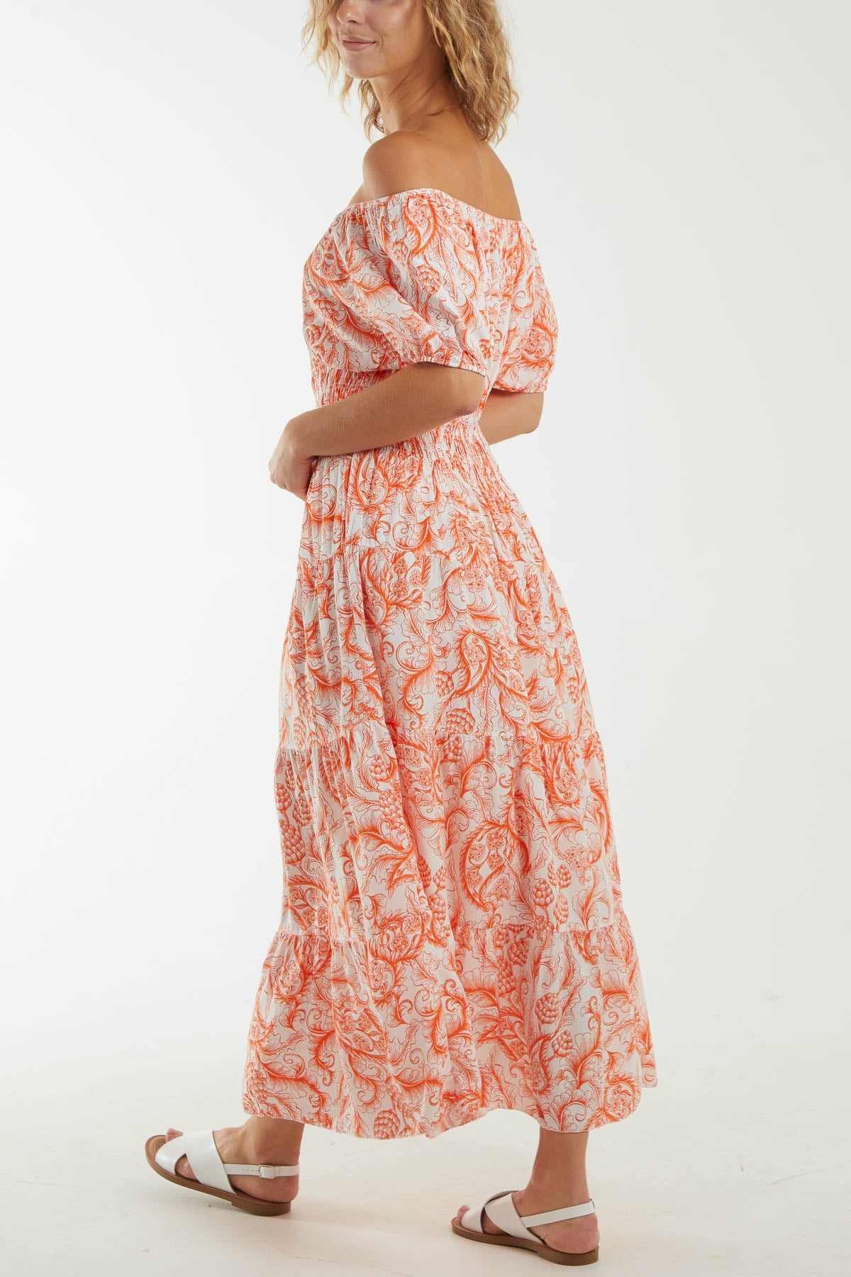 Paisley Bardot Shirred Bodice Midi Dress Dresses WearAll