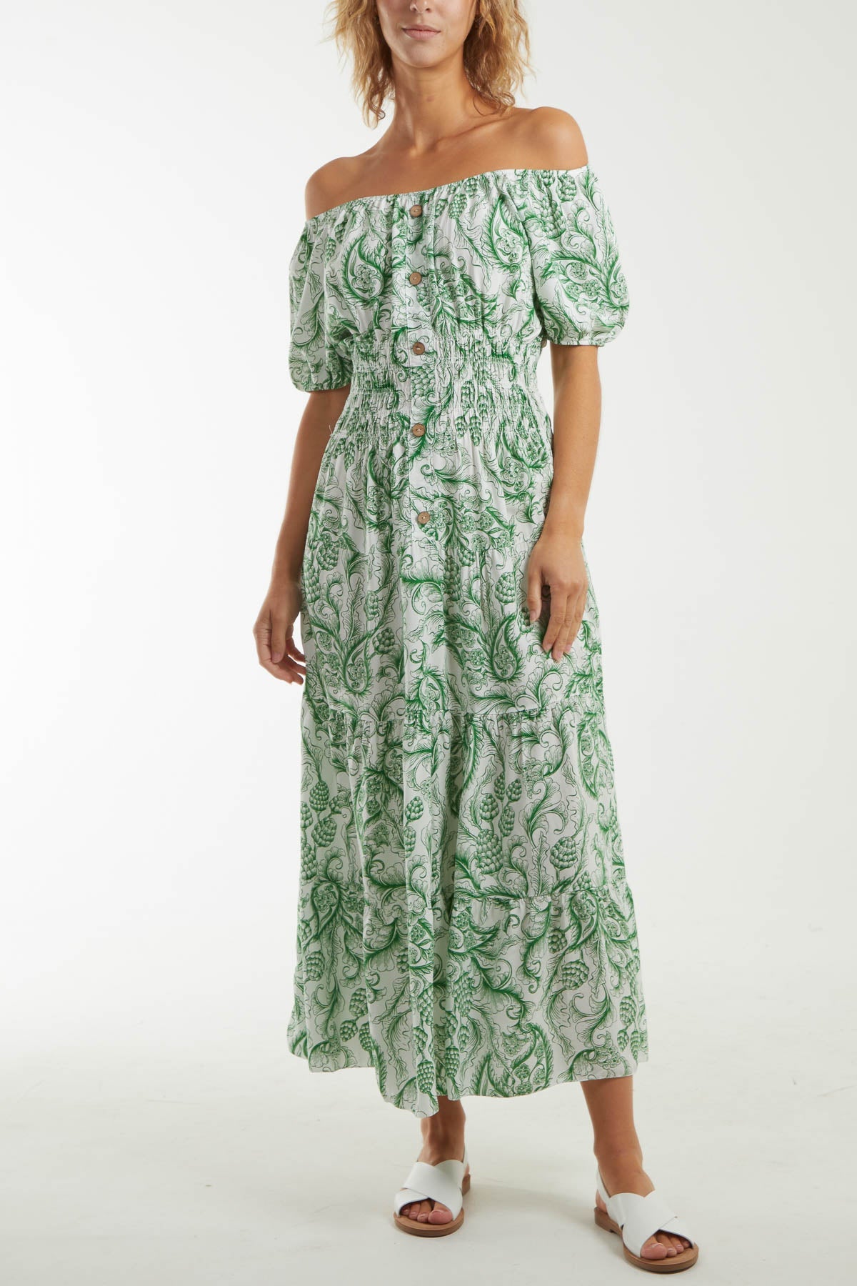 Paisley Bardot Shirred Bodice Midi Dress Dresses WearAll Jade One Size