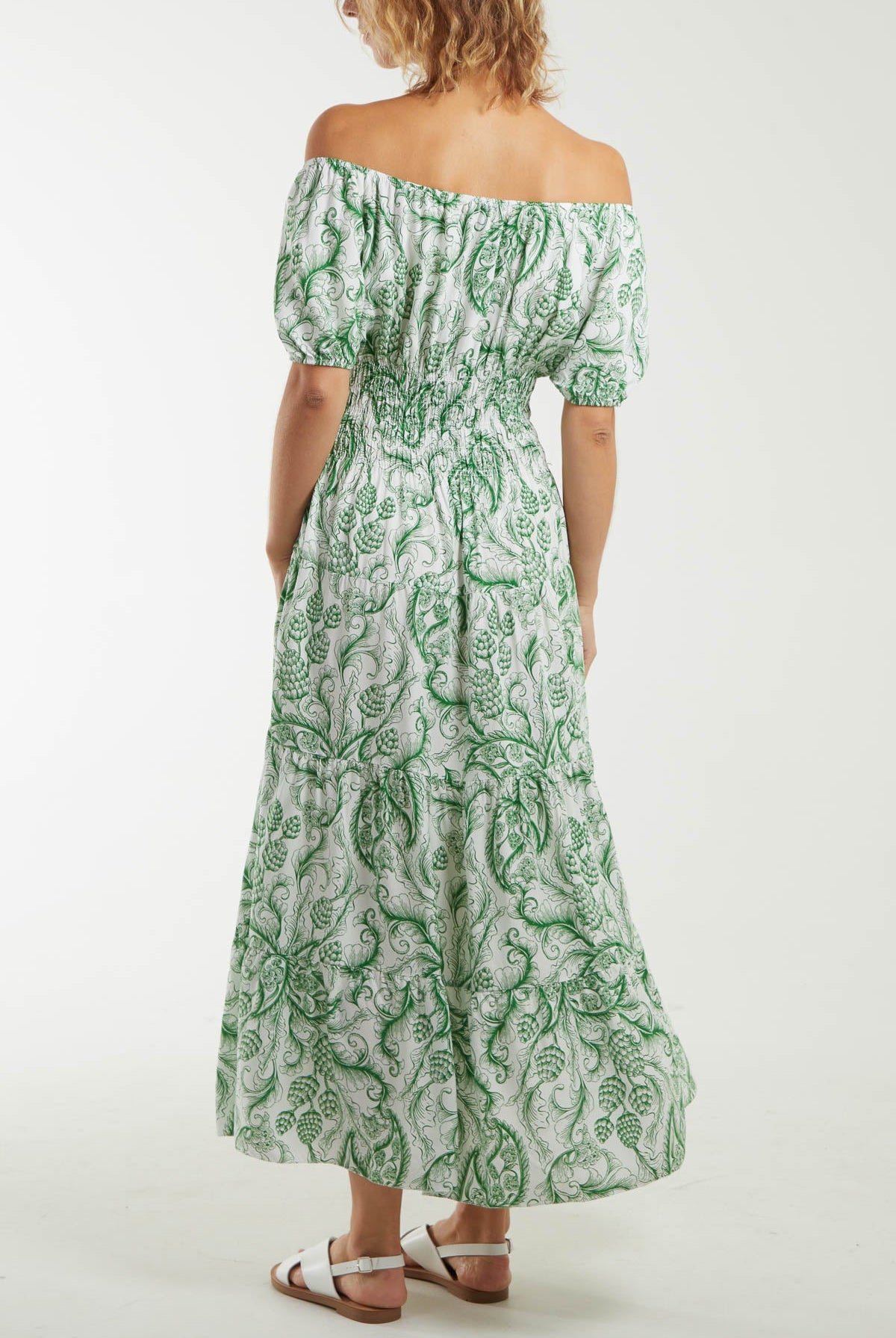 Paisley Bardot Shirred Bodice Midi Dress Dresses WearAll