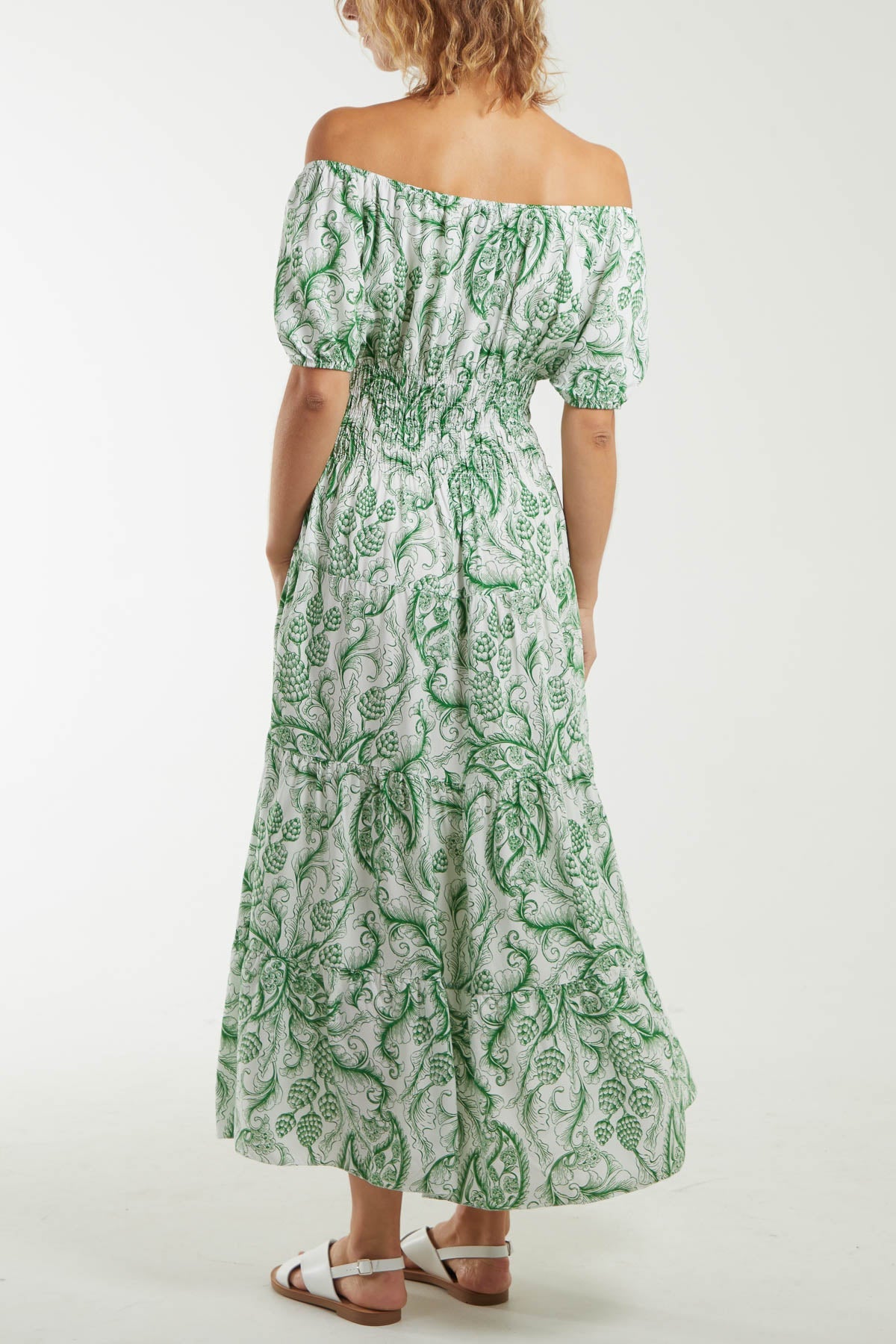 Paisley Bardot Shirred Bodice Midi Dress Dresses WearAll