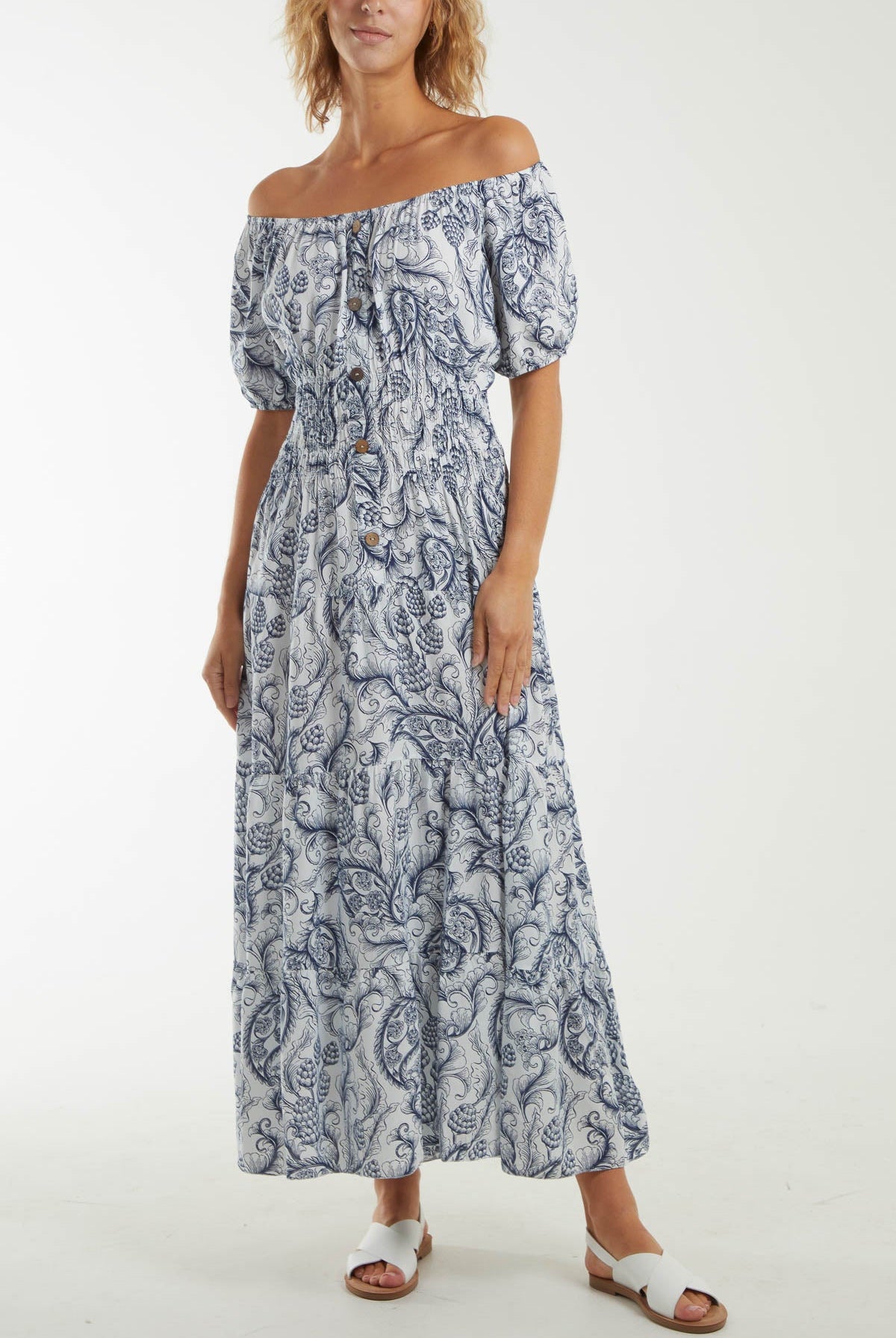 Paisley Bardot Shirred Bodice Midi Dress Dresses WearAll Navy One Size