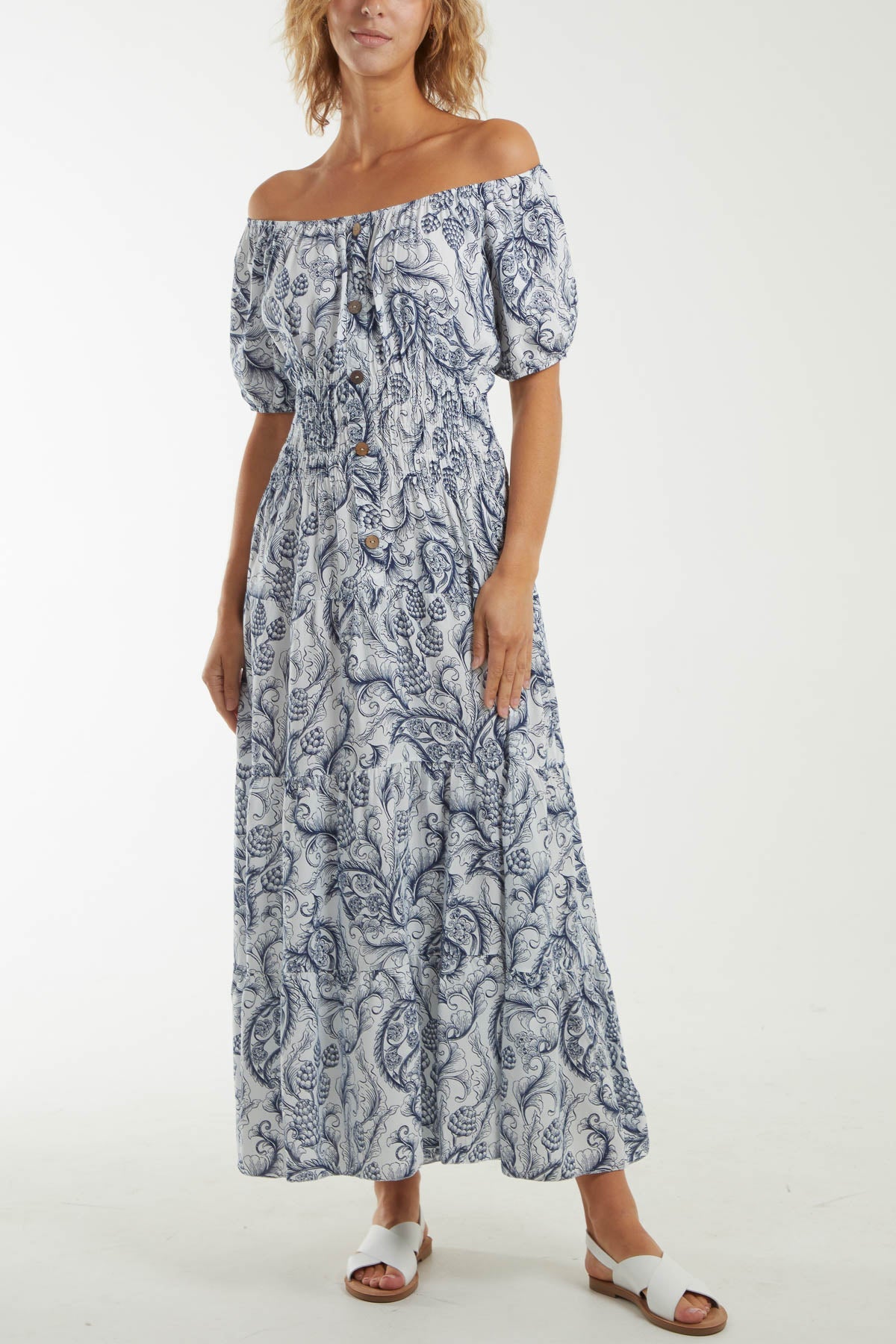 Paisley Bardot Shirred Bodice Midi Dress Dresses WearAll Navy One Size