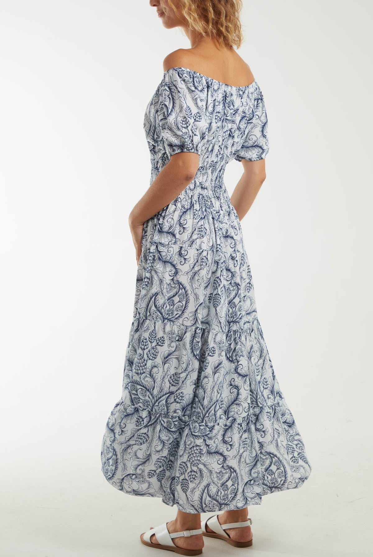 Paisley Bardot Shirred Bodice Midi Dress Dresses WearAll