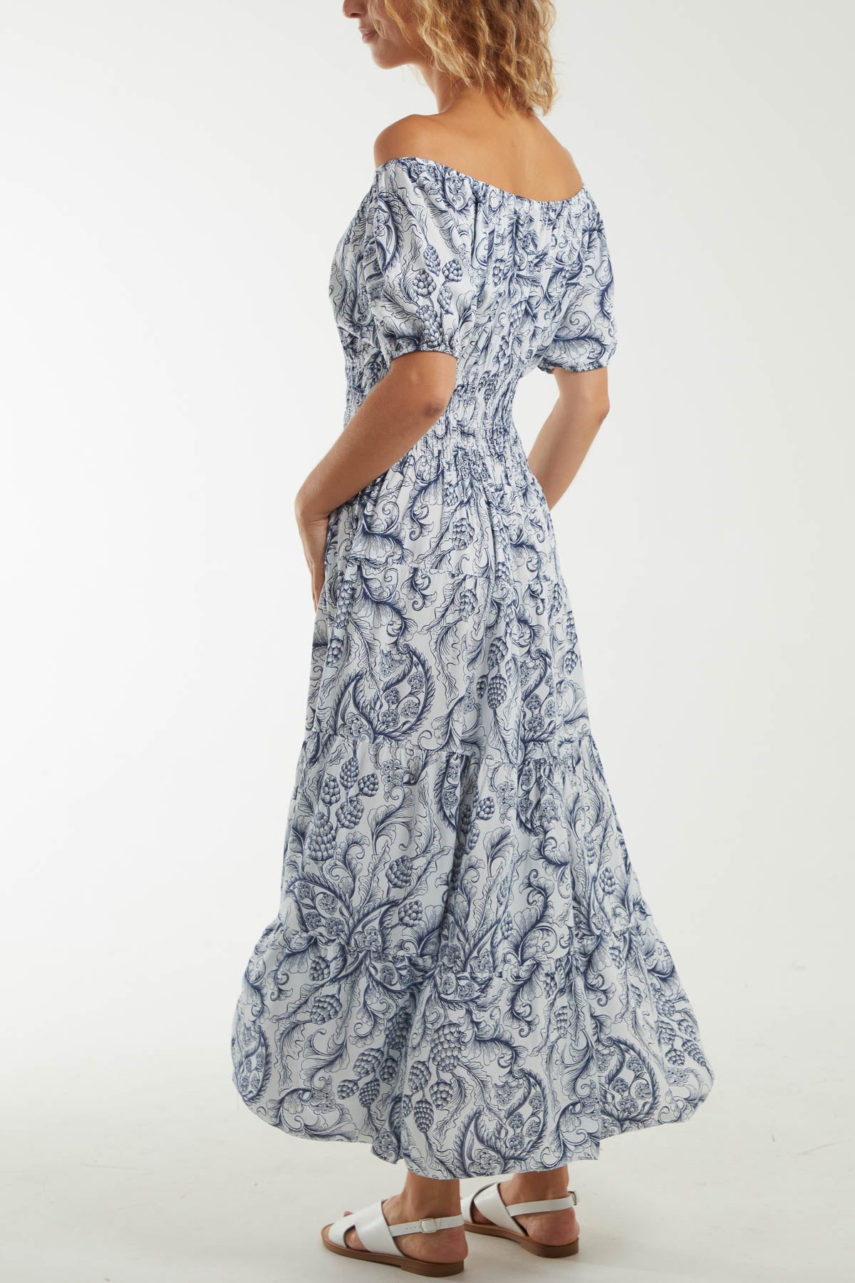 Paisley Bardot Shirred Bodice Midi Dress Dresses WearAll