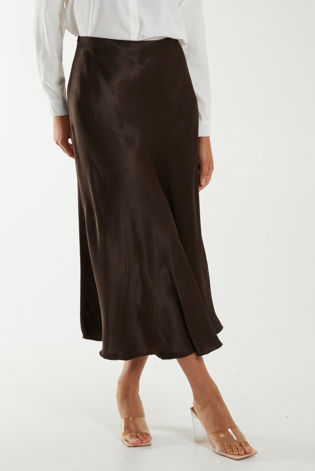 Waistband Satin Midi Skirt Skirts WearAll Chocolate One Size