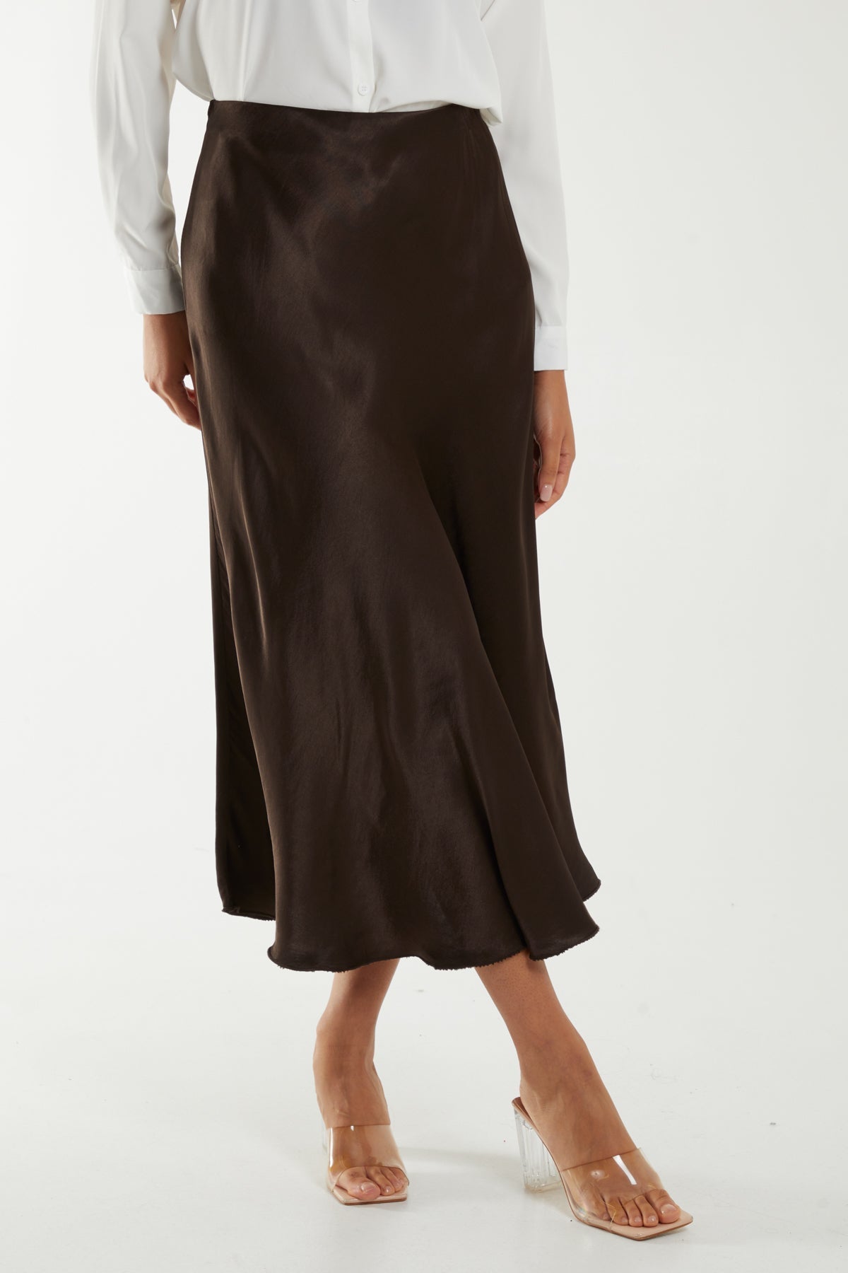 Waistband Satin Midi Skirt Skirts WearAll Chocolate One Size