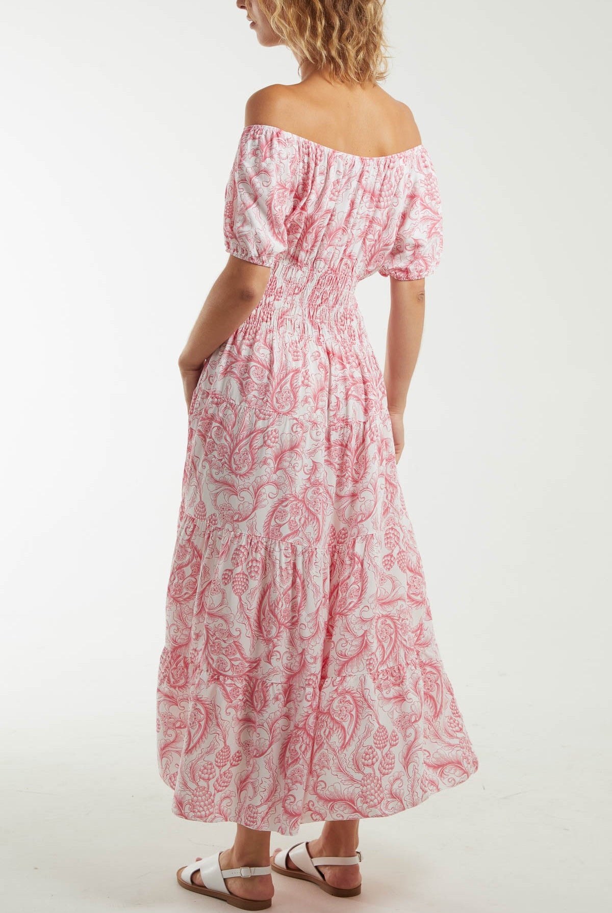 Paisley Bardot Shirred Bodice Midi Dress Dresses WearAll