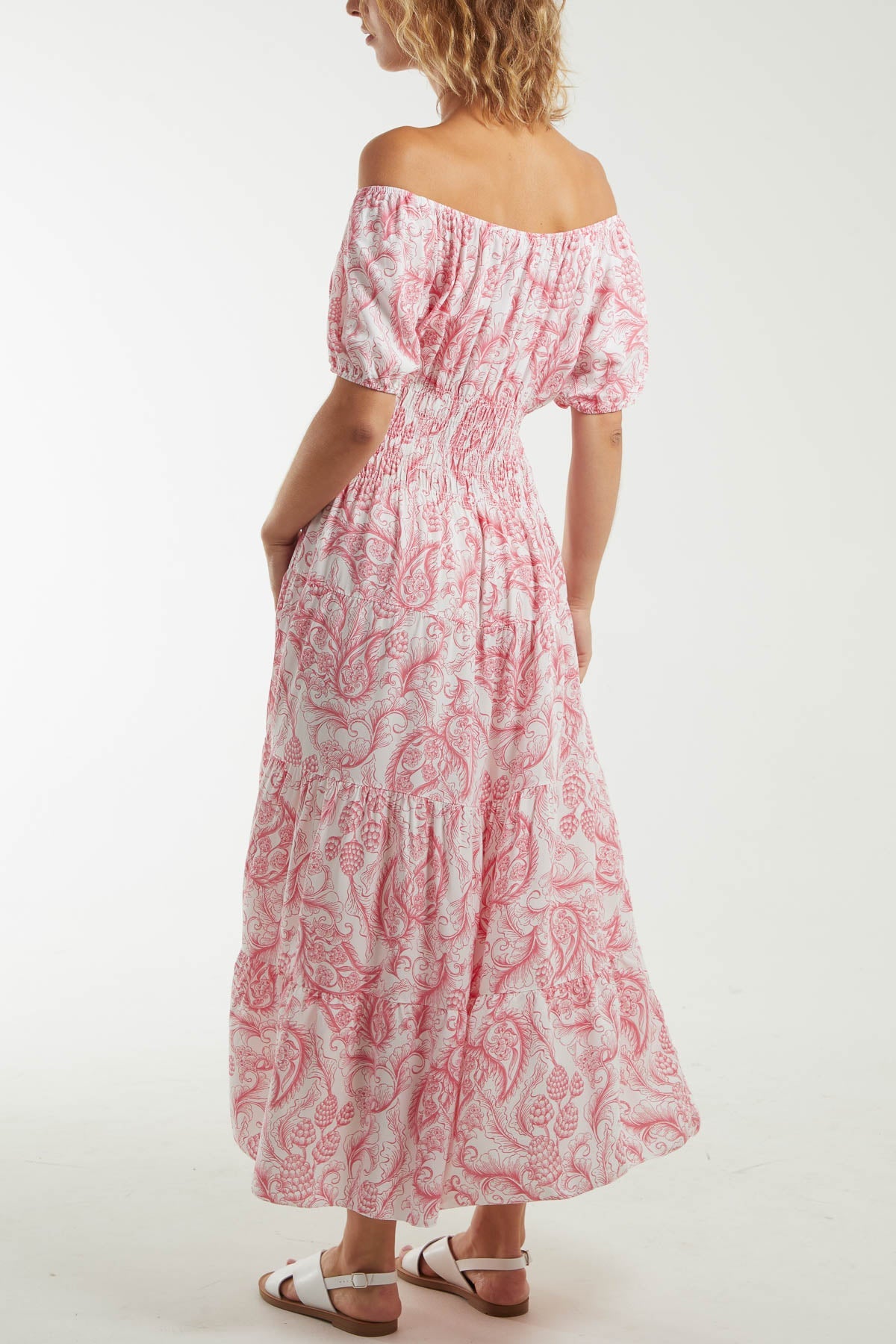 Paisley Bardot Shirred Bodice Midi Dress Dresses WearAll