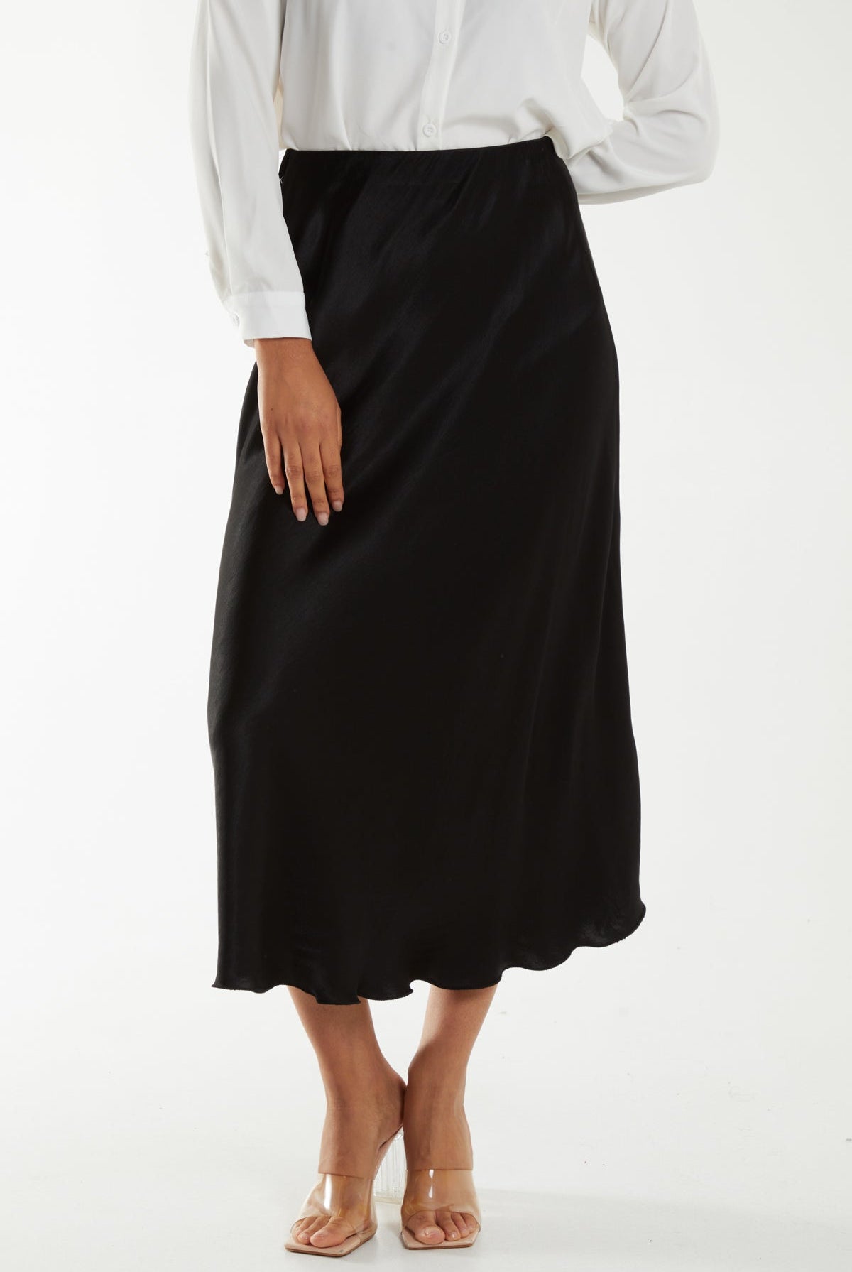 Waistband Satin Midi Skirt Skirts WearAll Black One Size