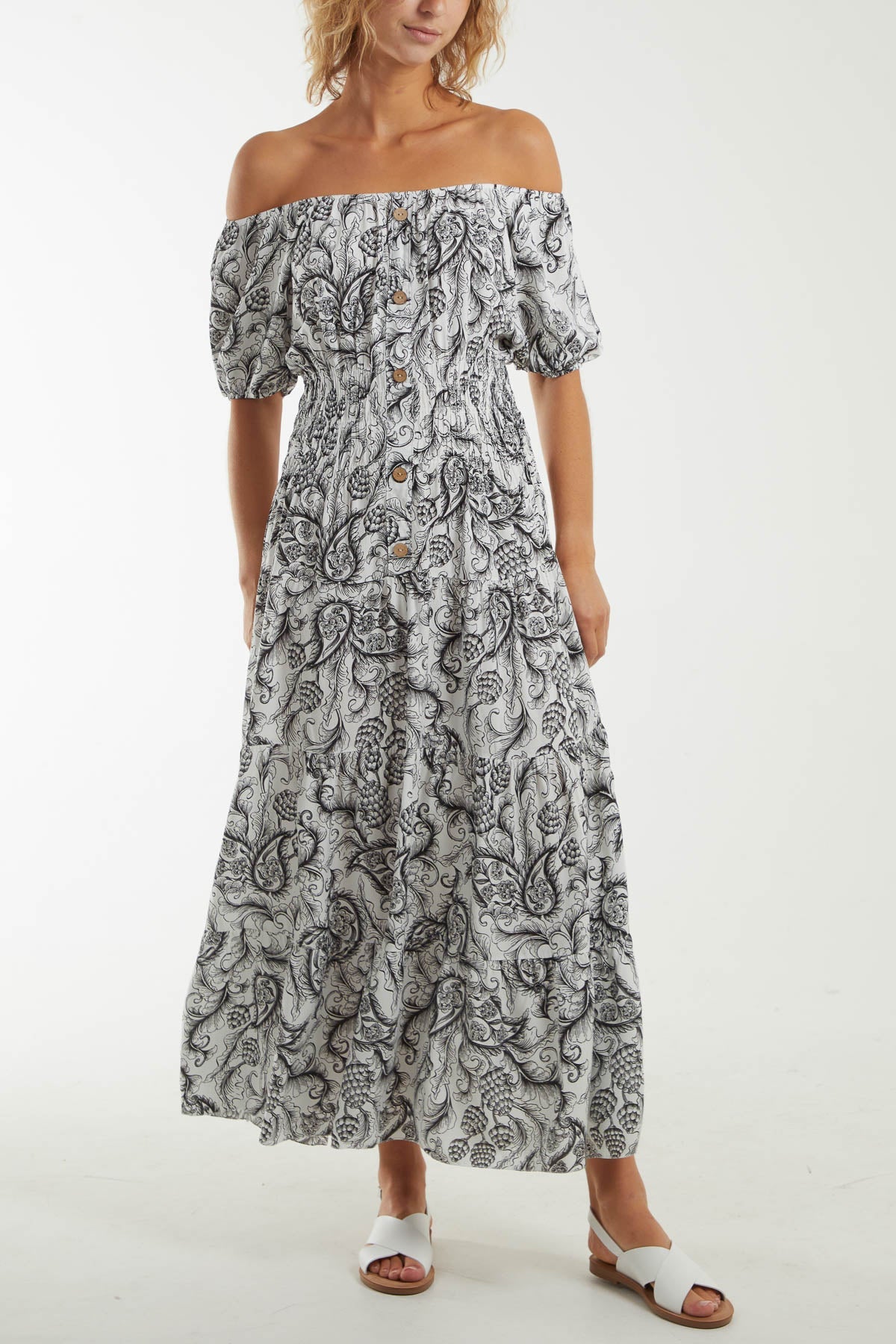 Paisley Bardot Shirred Bodice Midi Dress Dresses WearAll Black One Size