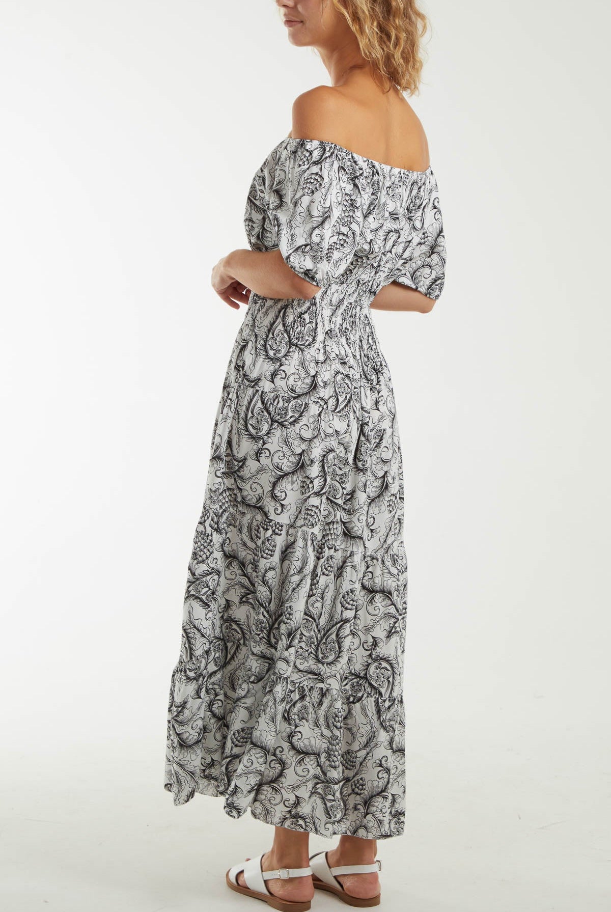 Paisley Bardot Shirred Bodice Midi Dress Dresses WearAll