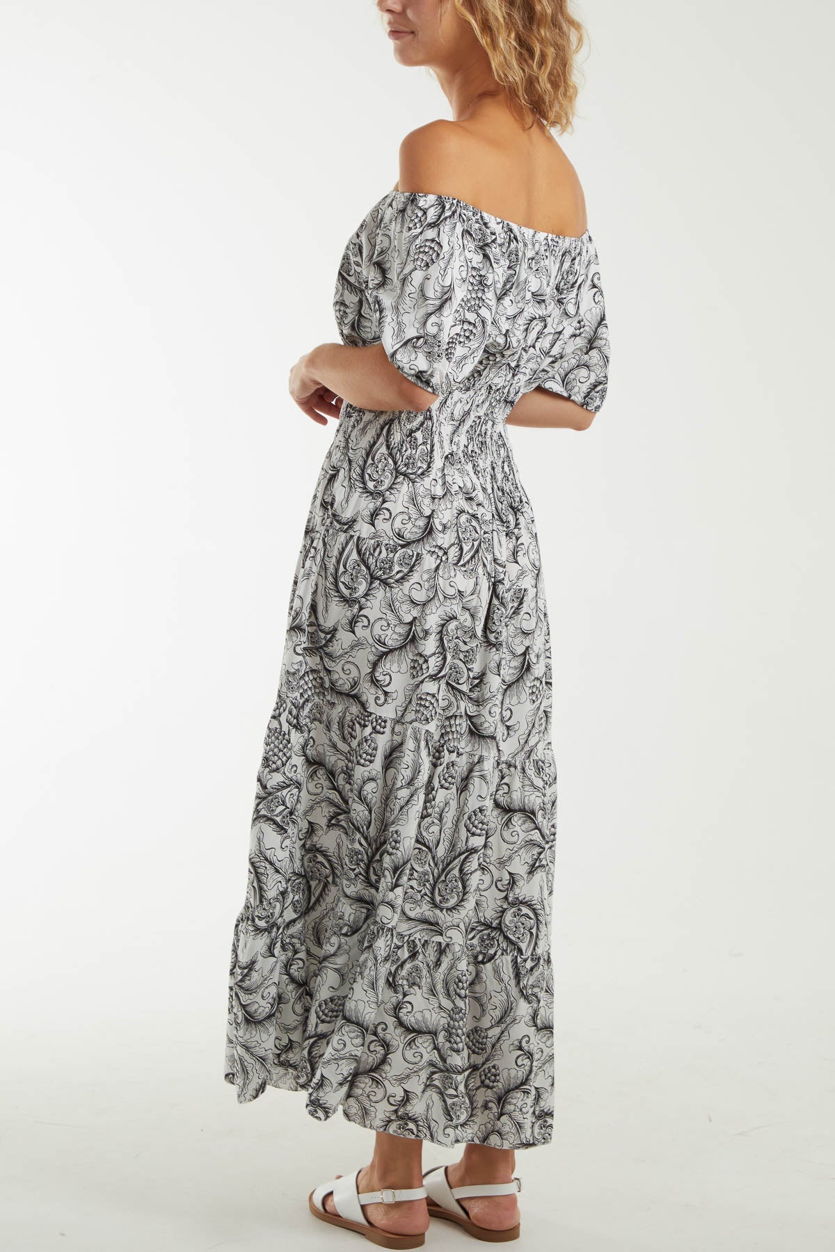 Paisley Bardot Shirred Bodice Midi Dress Dresses WearAll