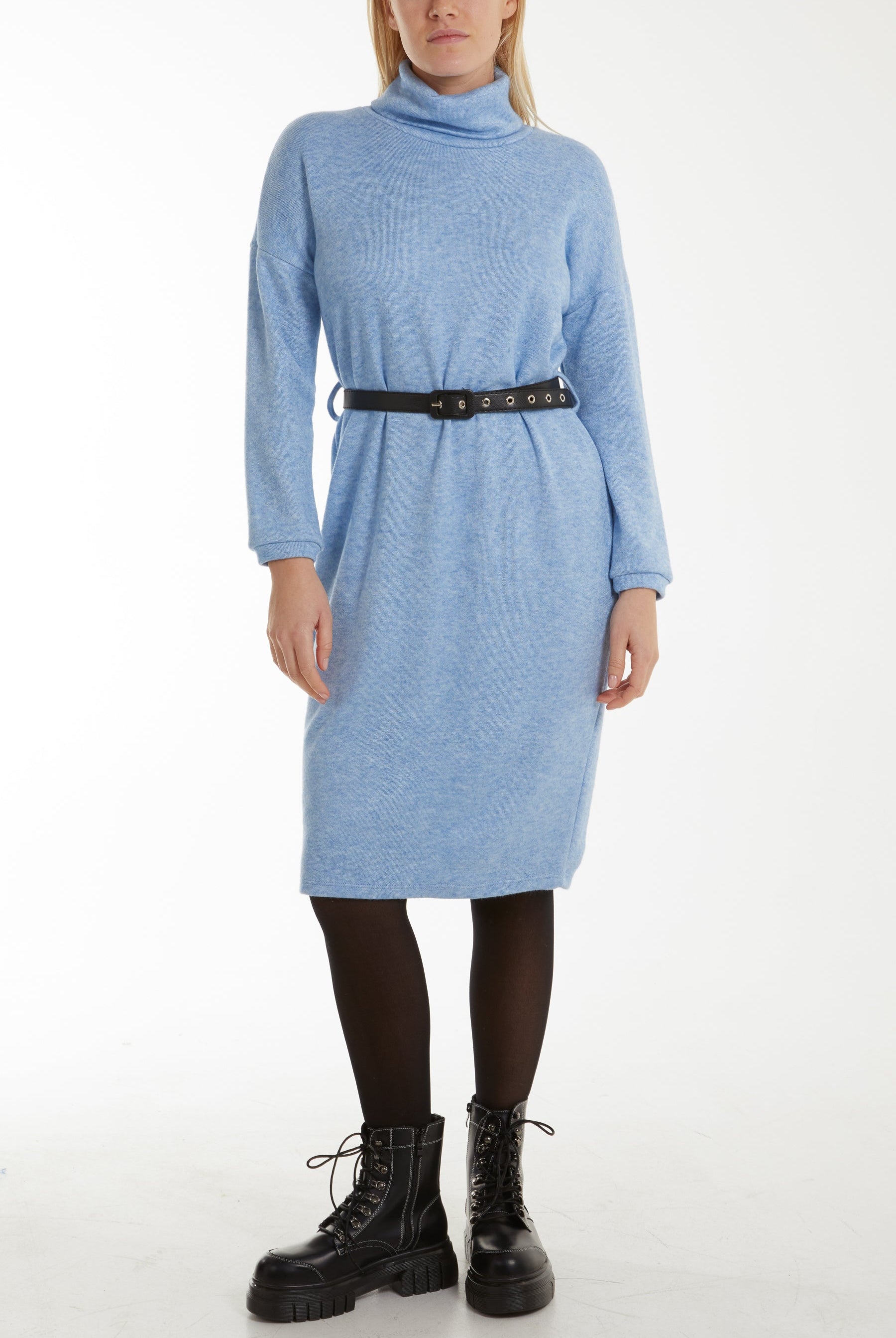 Roll Neck Belted Knitted Midi Dress DMF2 WearAll Light Blue One Size