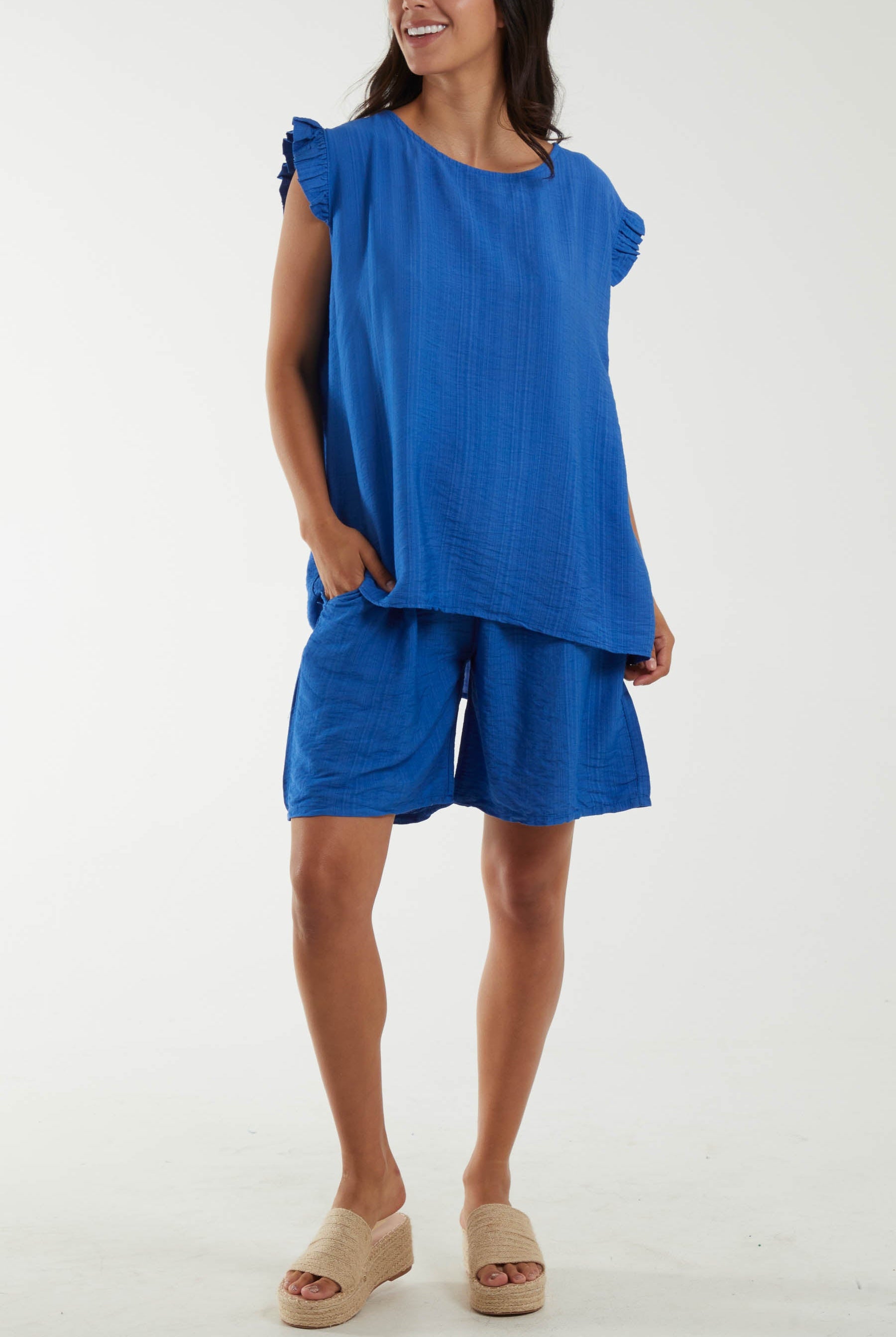 Co-Ord Frill Sleeve Top & Shorts Co-Ords WearAll Royal Blue One Size