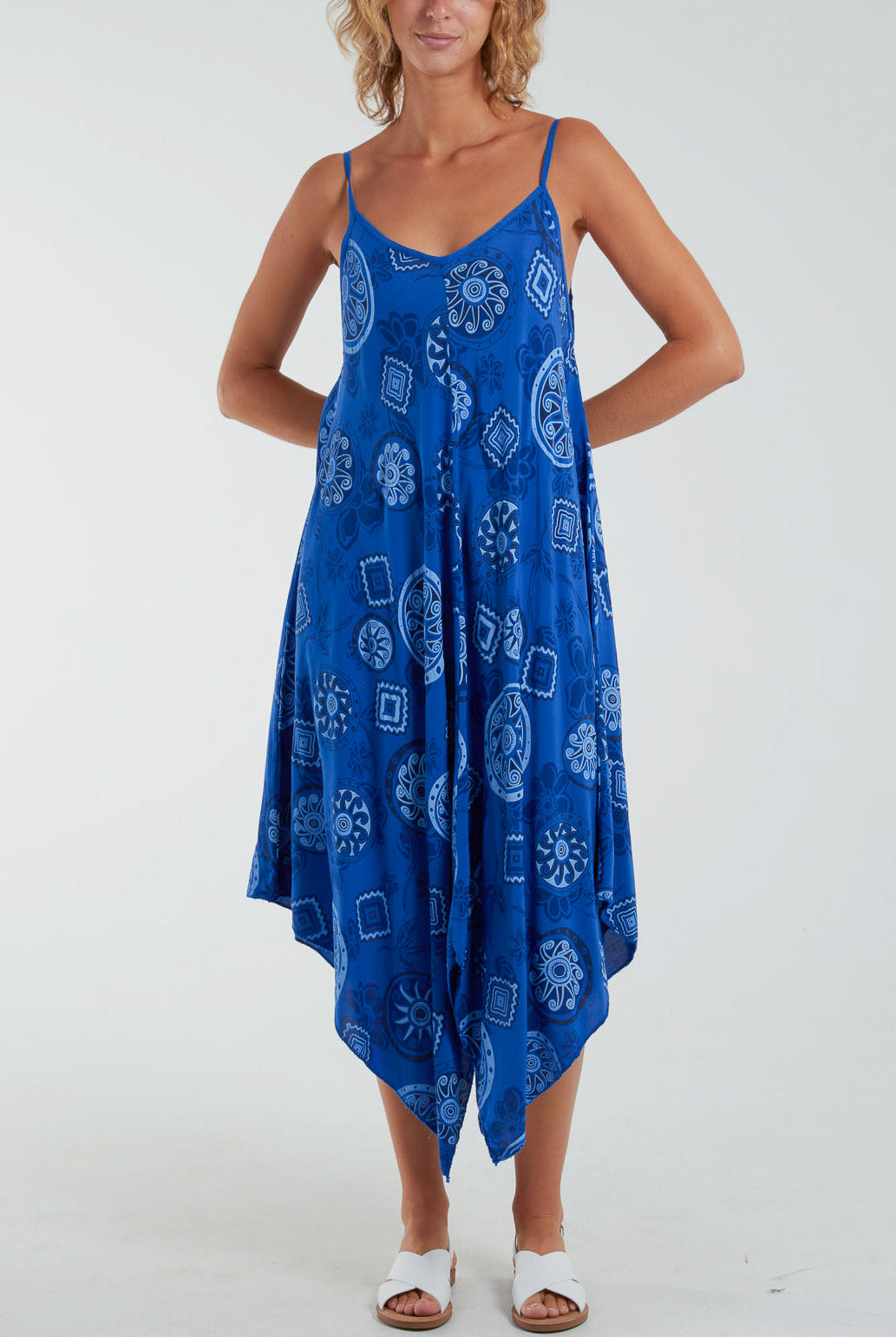 Geometric Tribal Hanky Hem Cami Dress Dresses WearAll Royal Blue One Size