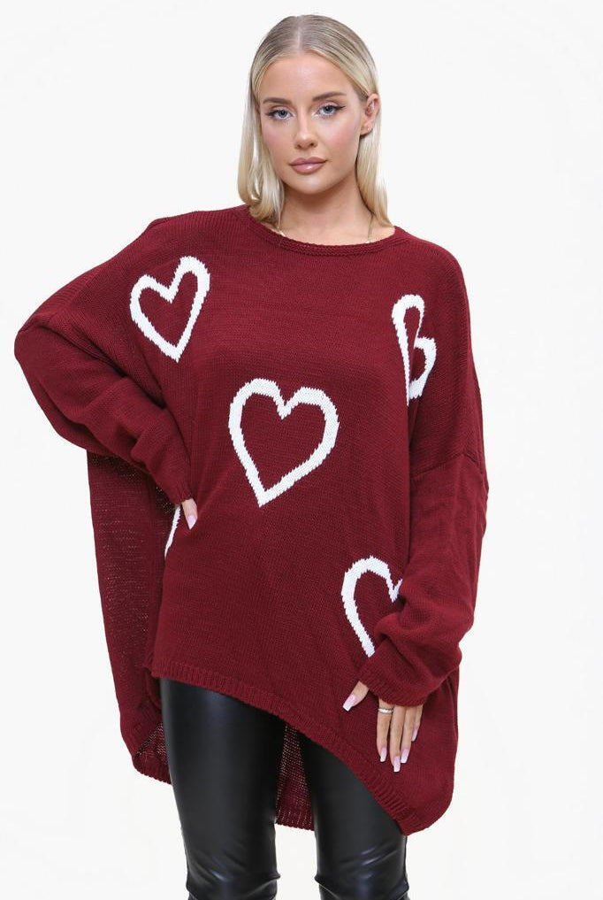 Heart Print Oversized Jumper Jumper & Cardigan WearAll Wine 12-24