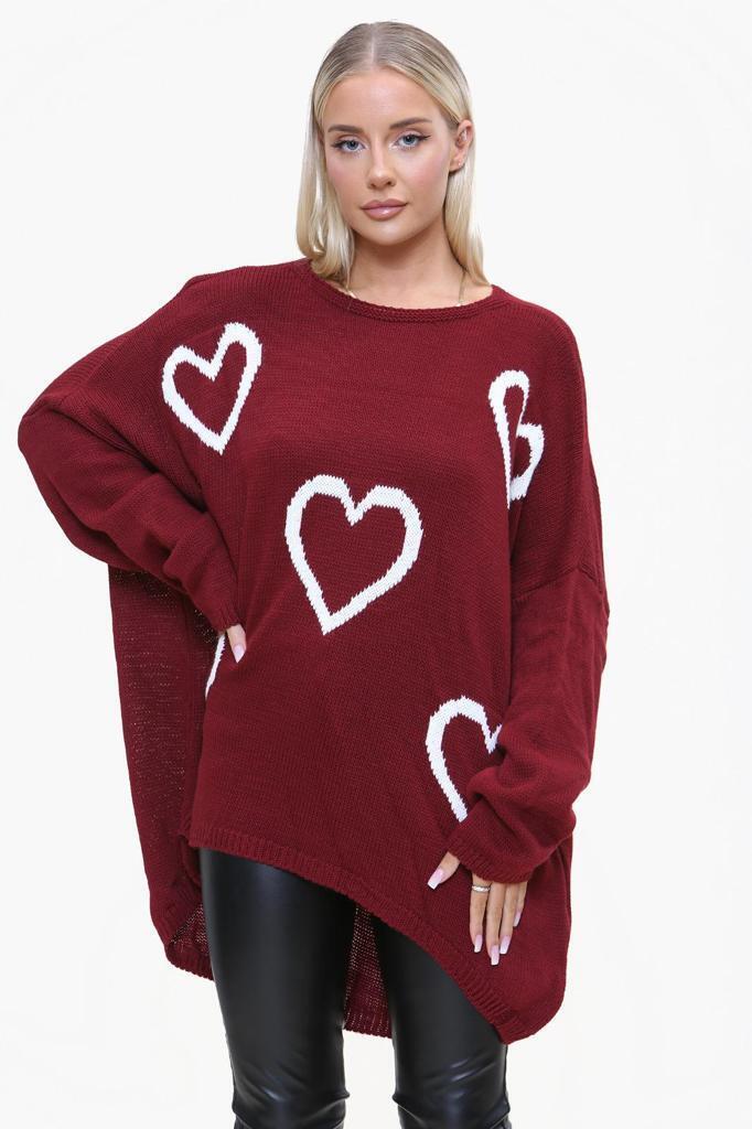 Heart Print Oversized Jumper Jumper & Cardigan WearAll Wine 12-24