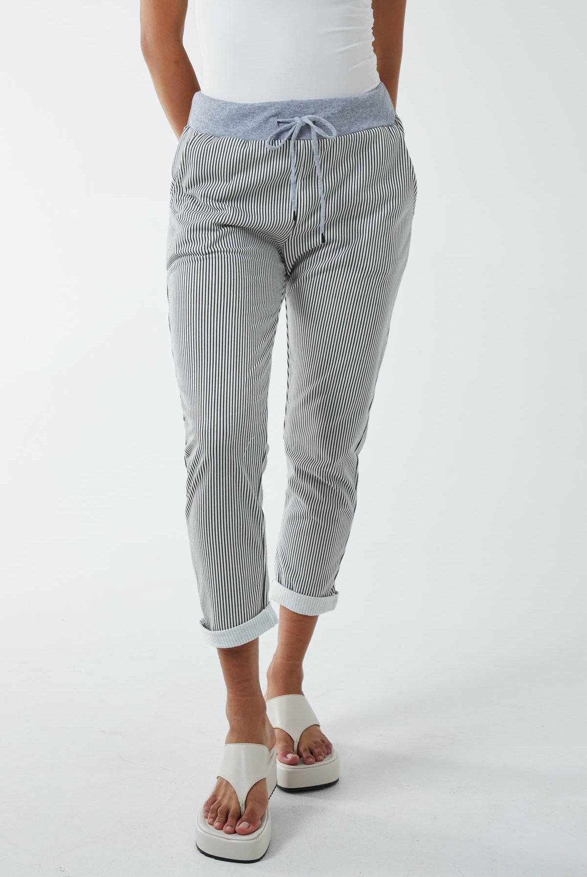 Pinstripe Contrast Waist Trousers Trousers WearAll Khaki One Size