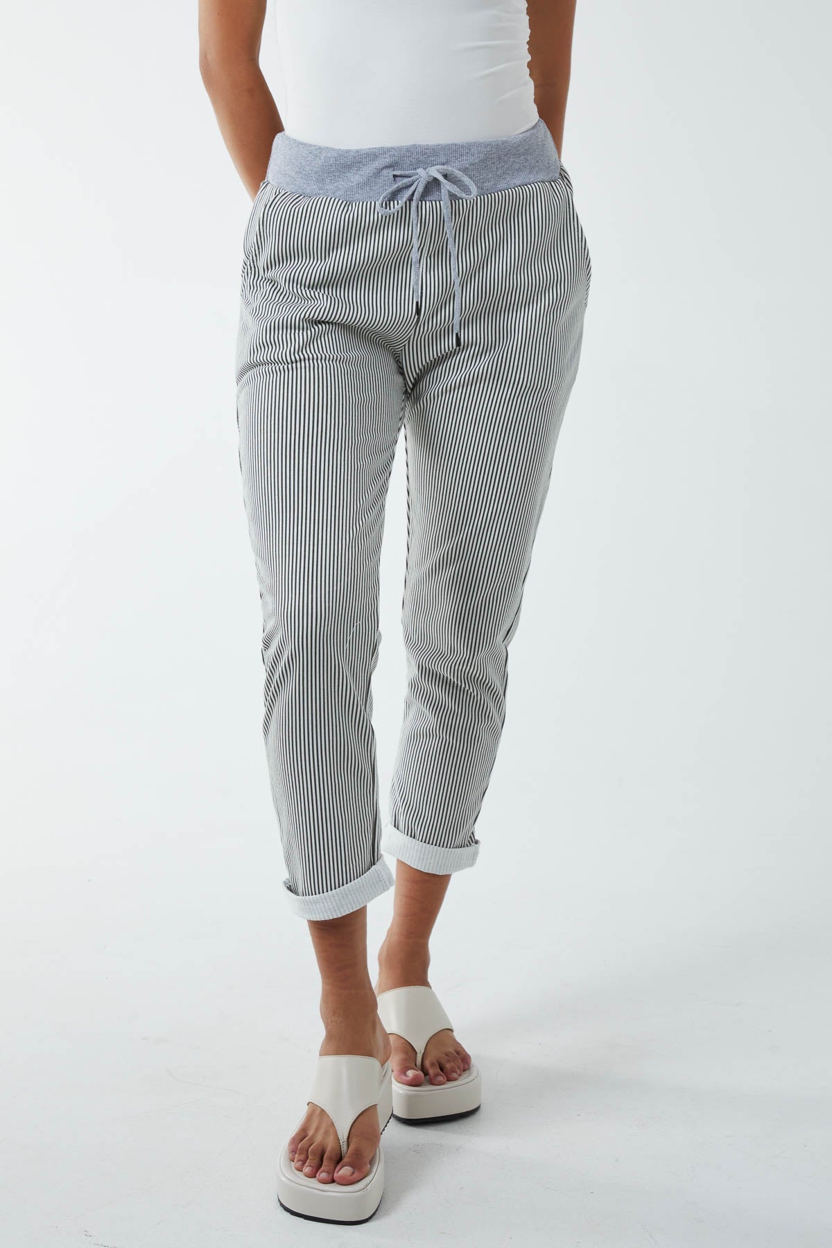 Pinstripe Contrast Waist Trousers Trousers WearAll Khaki One Size