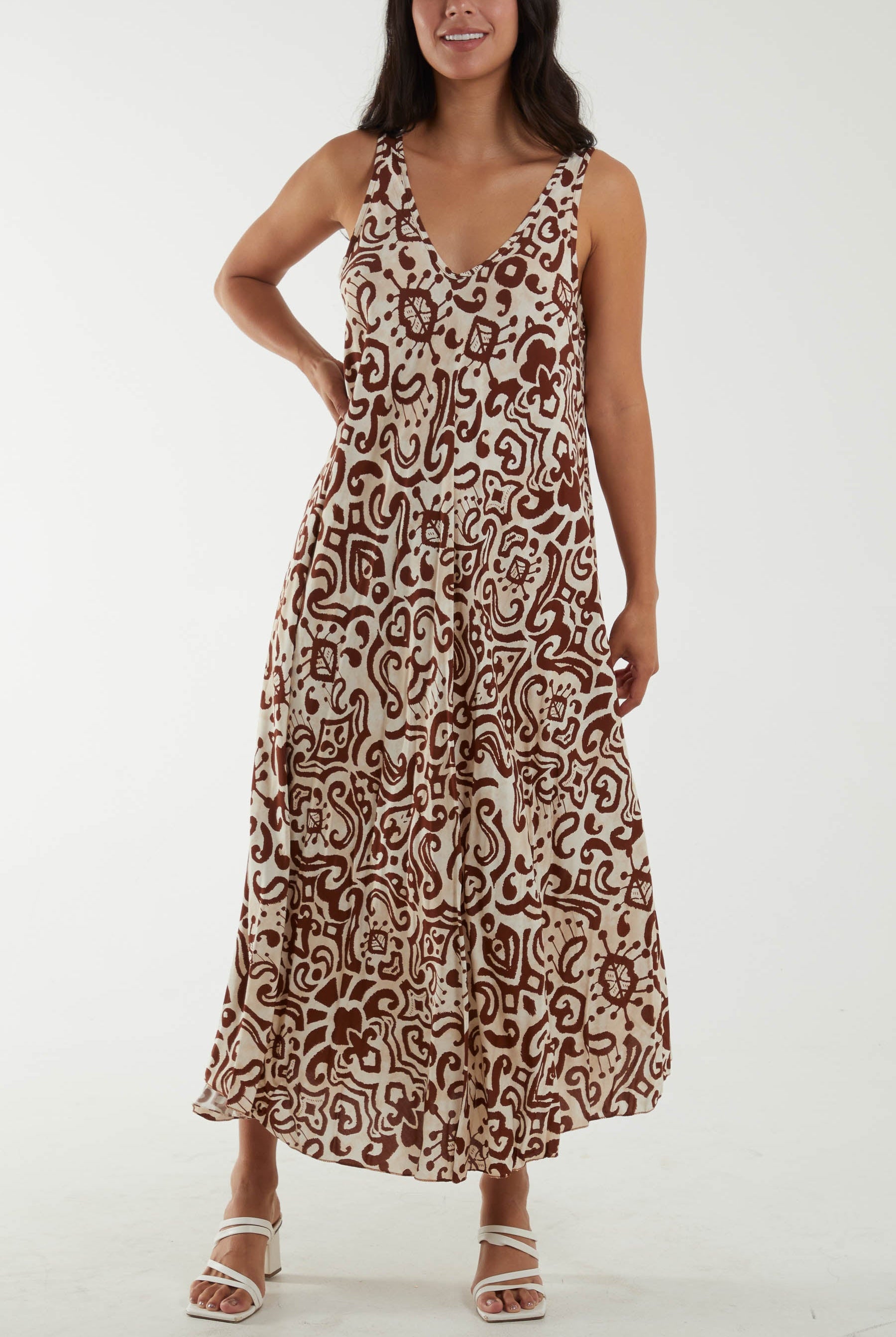 Sleeveless Abstract Print Maxi Dress Dresses WearAll Chocolate One Size