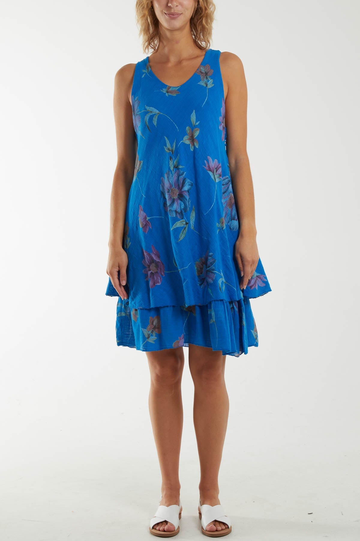 Floral Double Layer Sleeveless Dress Dresses WearAll Royal Blue One Size