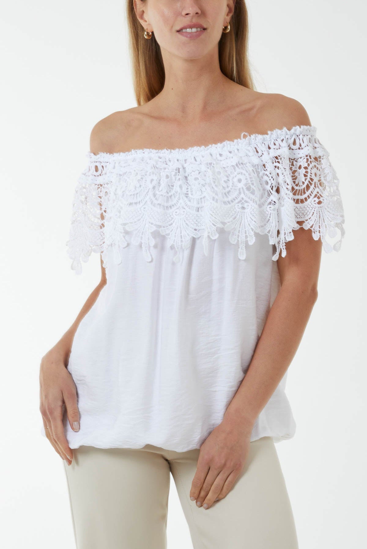 Laced Flounce Bubble Hem Bardot Top Tops WearAll White One Size
