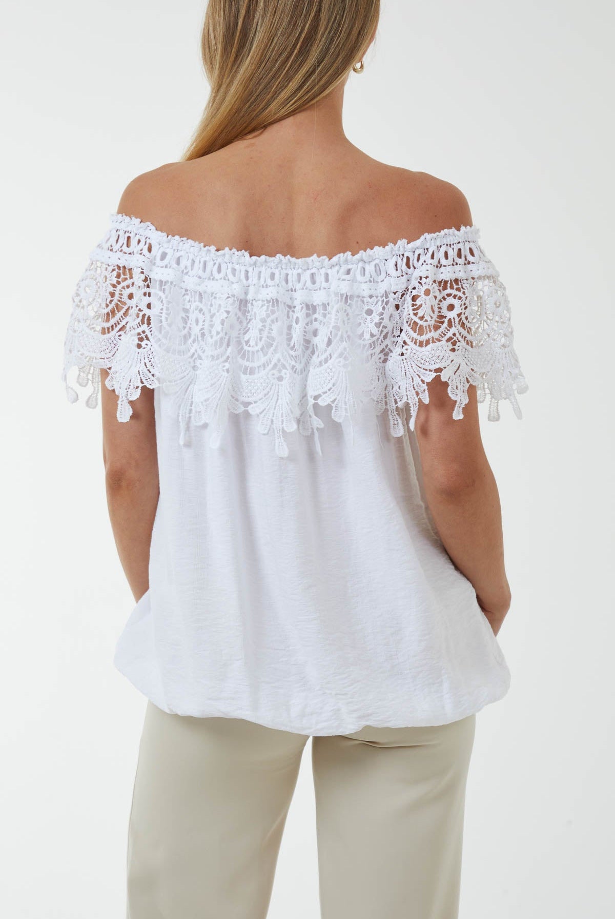 Laced Flounce Bubble Hem Bardot Top Tops WearAll