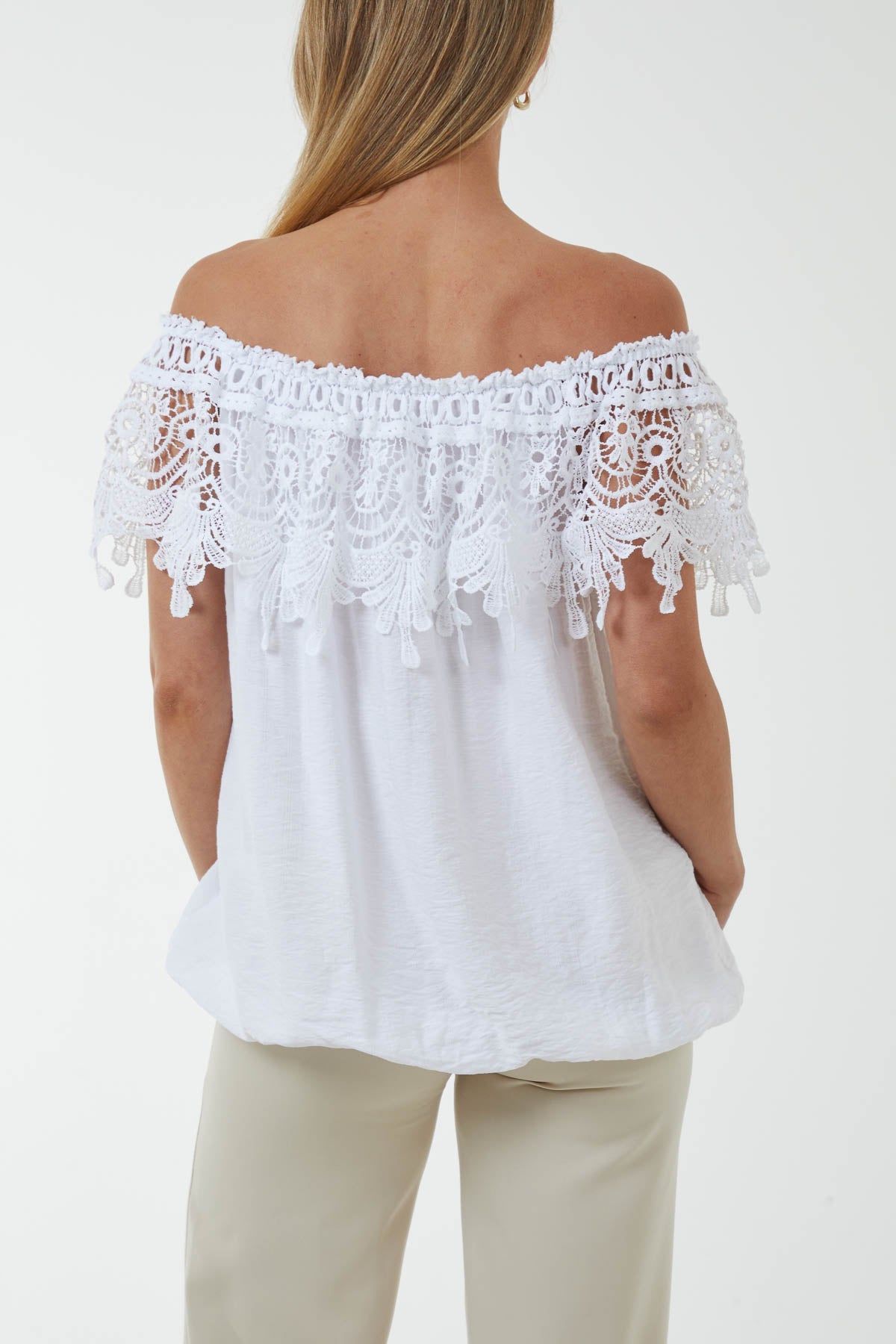 Laced Flounce Bubble Hem Bardot Top Tops WearAll