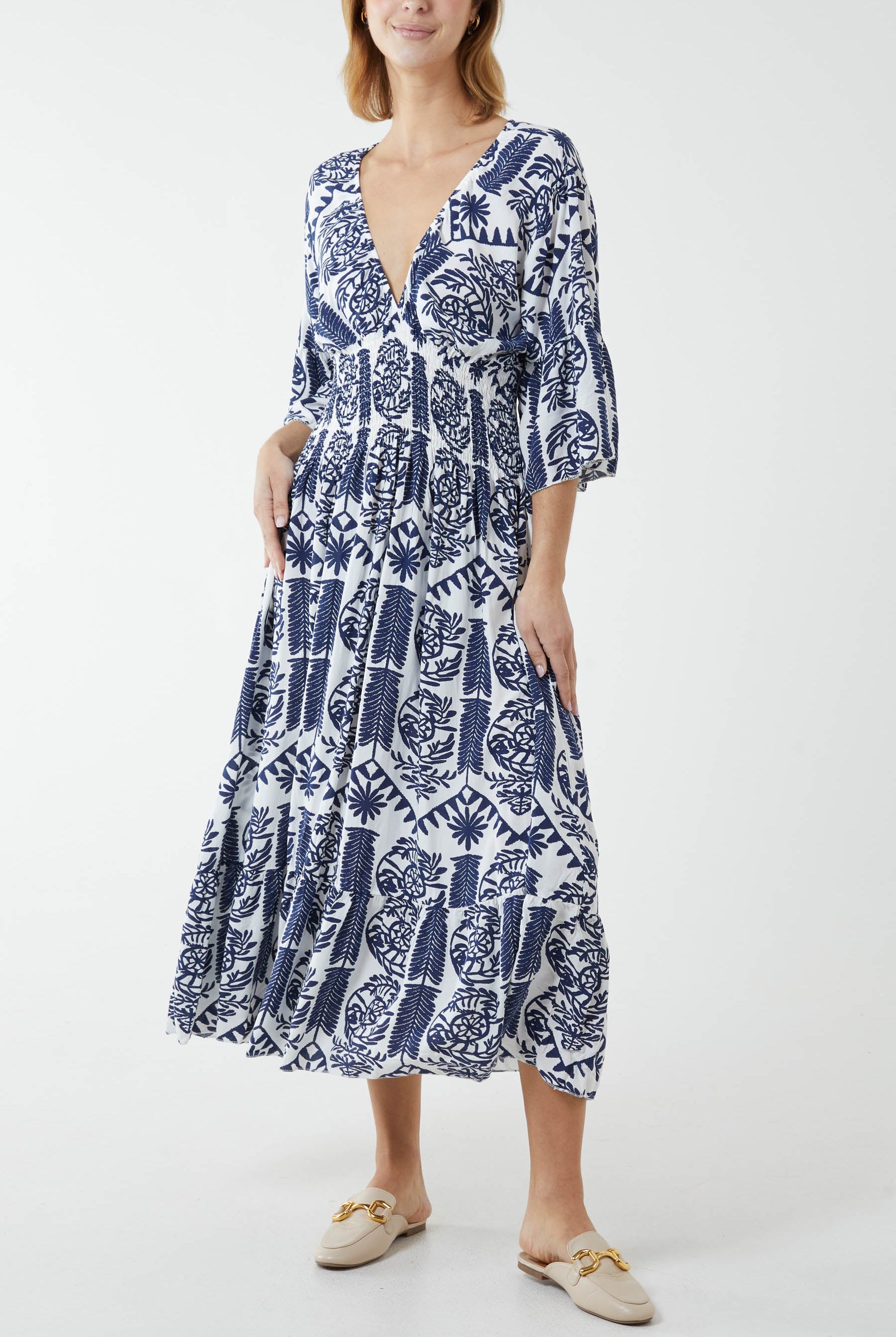 Baroque Floral Shirred Midi Dress DMF2 WearAll Navy One Size