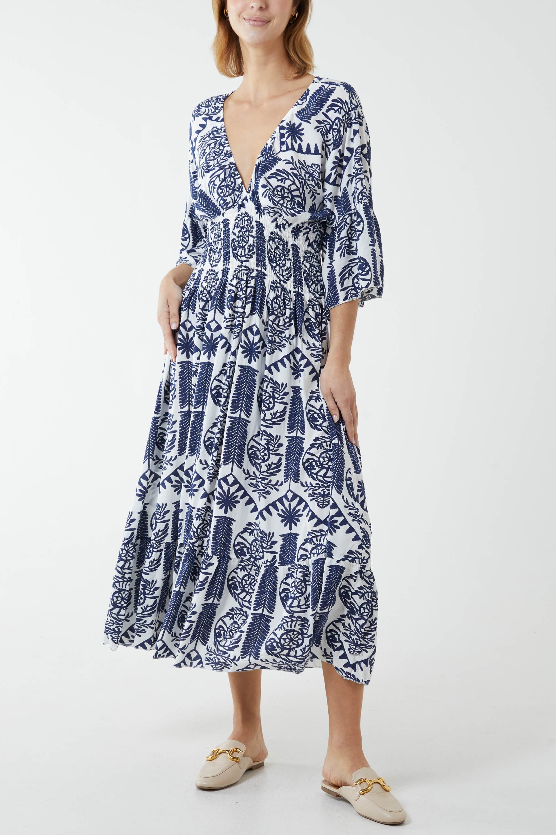 Baroque Floral Shirred Midi Dress DMF2 WearAll Navy One Size