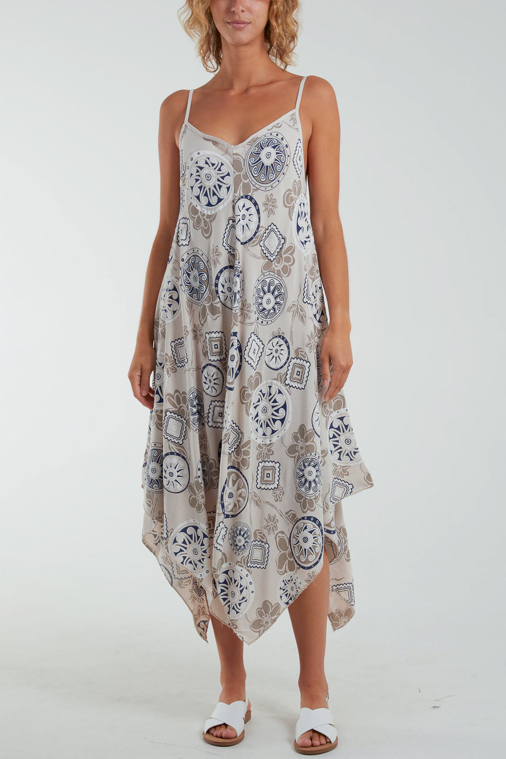 Geometric Tribal Hanky Hem Cami Dress Dresses WearAll Stone One Size