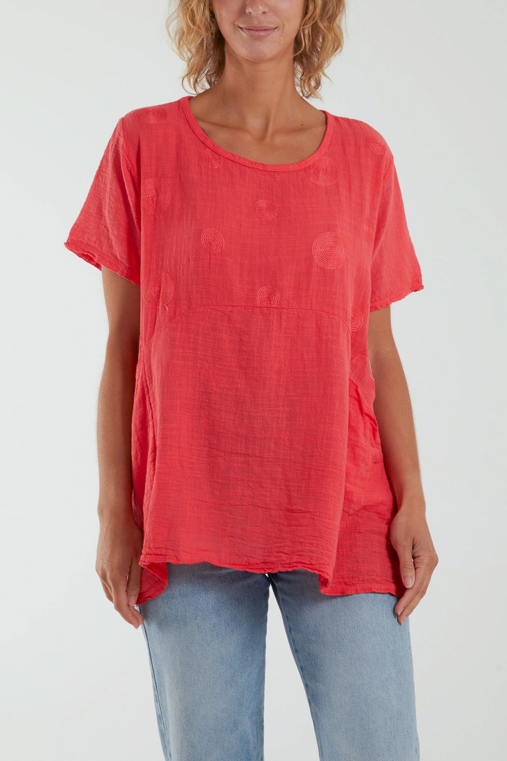 Embroidery Spirals Pocket Top Tops WearAll Coral One Size