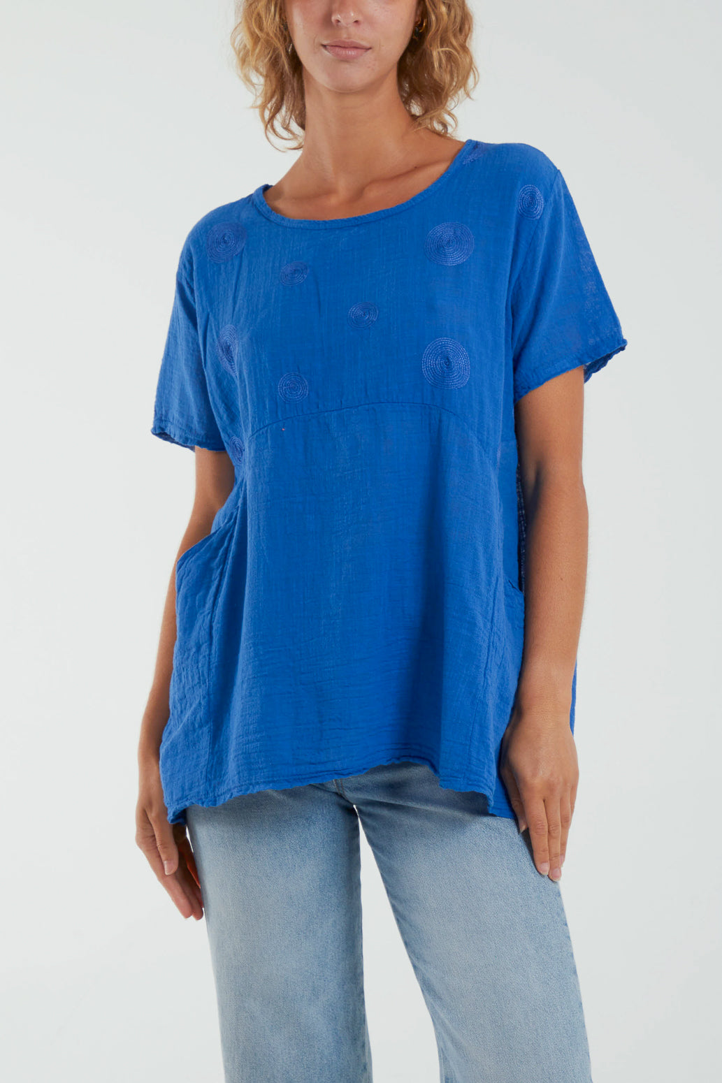 Embroidery Spirals Pocket Top Tops WearAll Royal Blue One Size