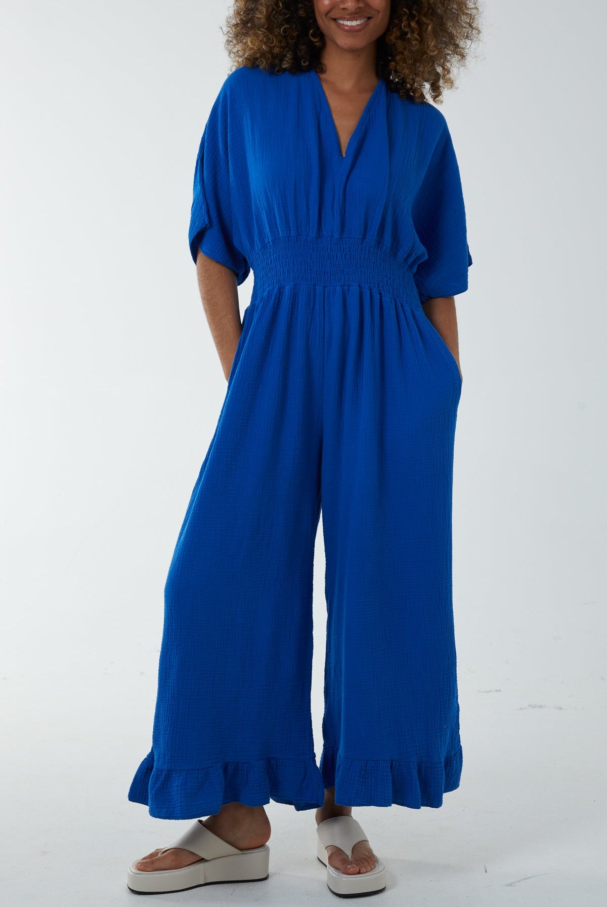 Double V-Neck Frilled Jumpsuit Jumpsuits WearAll Royal Blue One Size