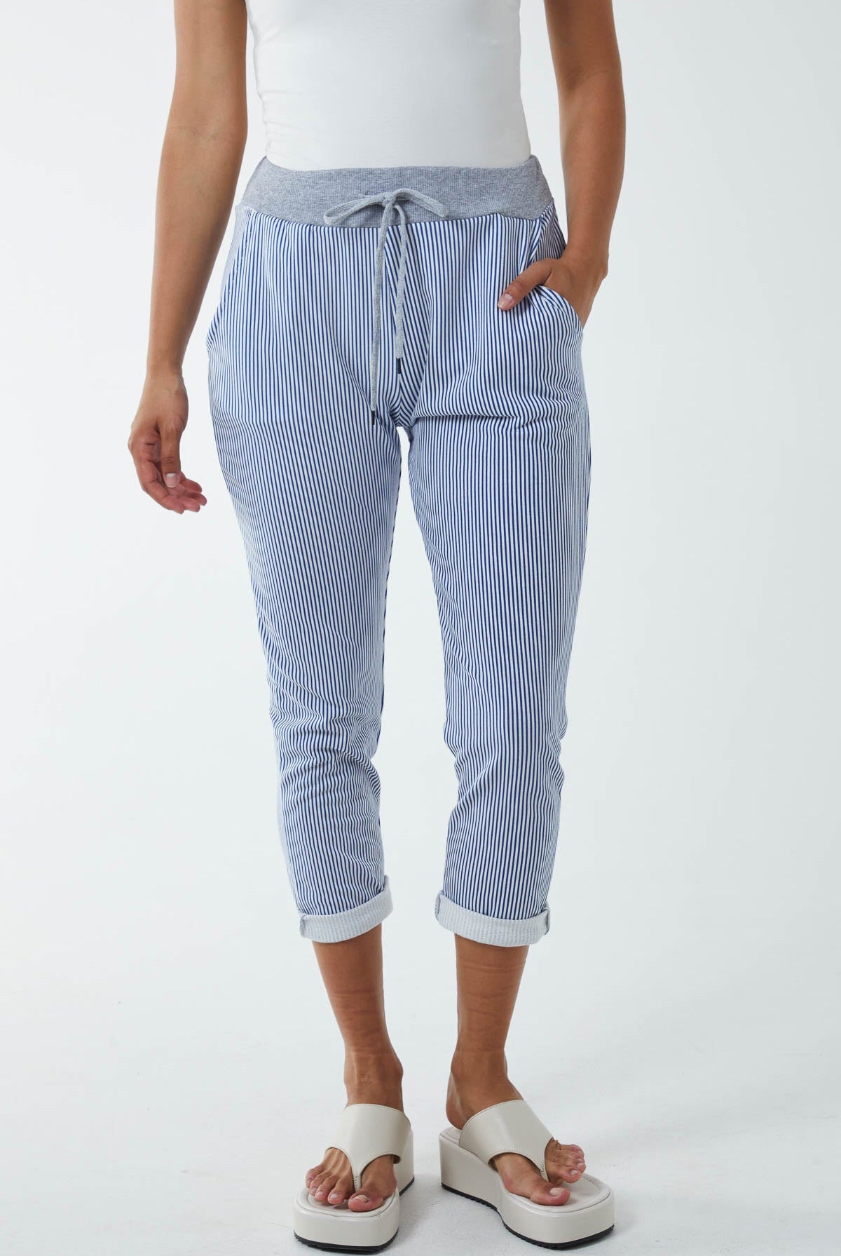 Pinstripe Contrast Waist Trousers Trousers WearAll Royal Blue One Size