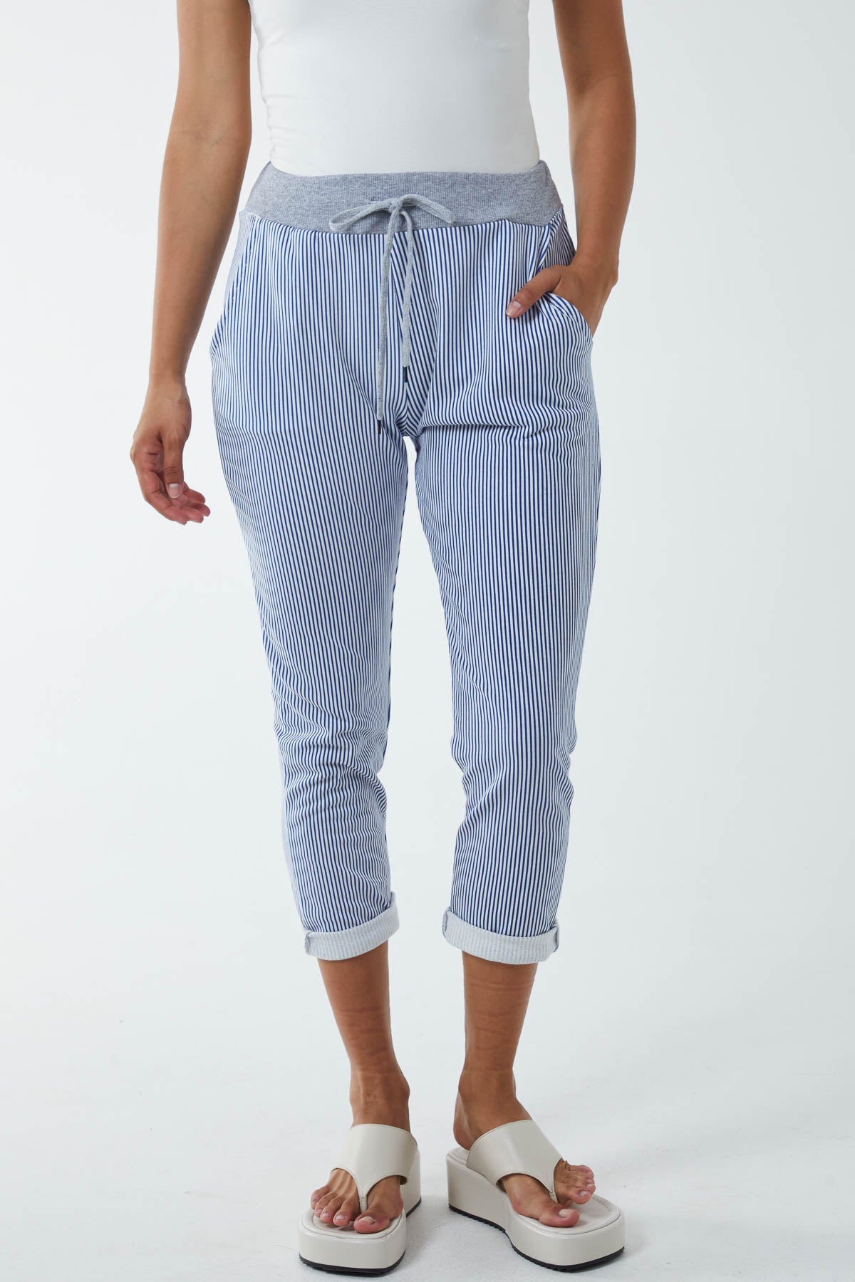 Pinstripe Contrast Waist Trousers Trousers WearAll Royal Blue One Size