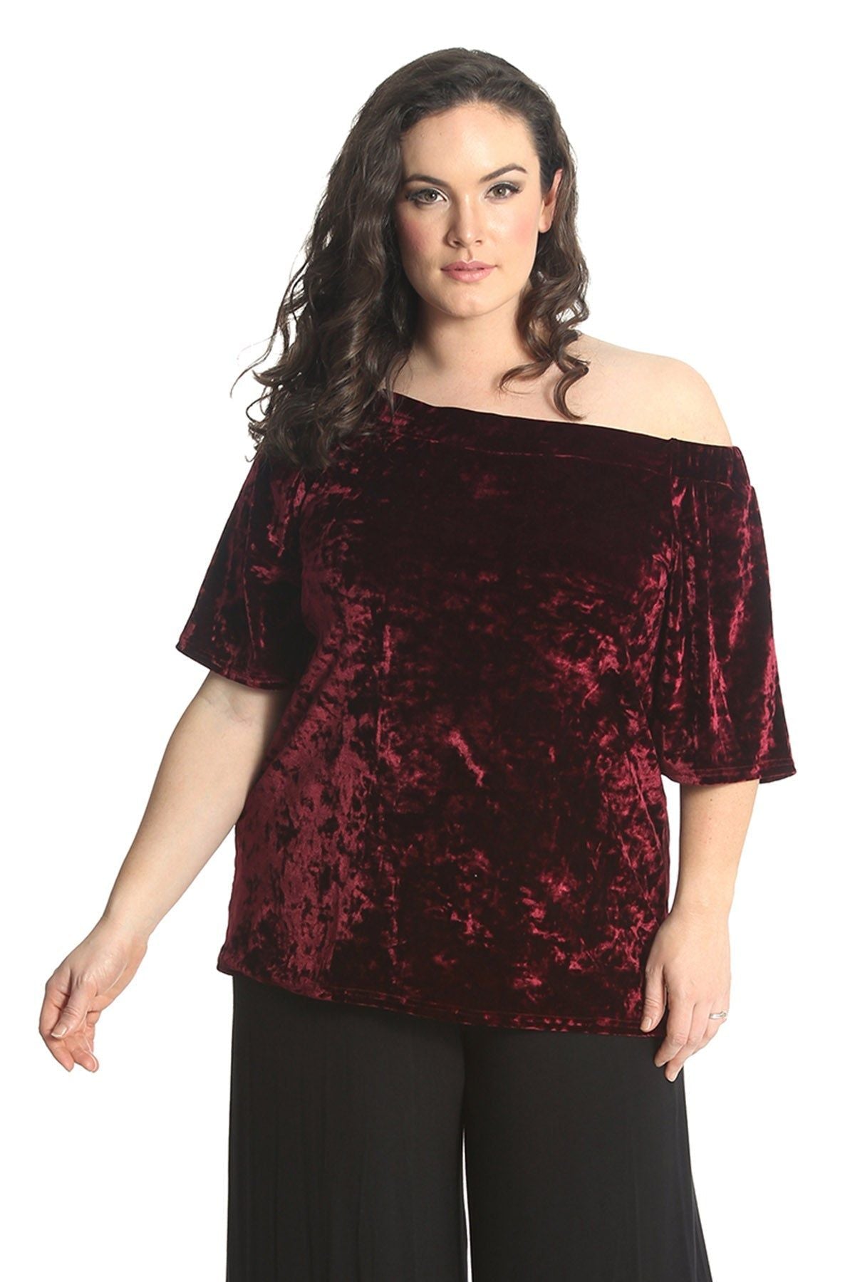 Crushed Velour Boho Party Bardot Top Tops WearAll Wine 14