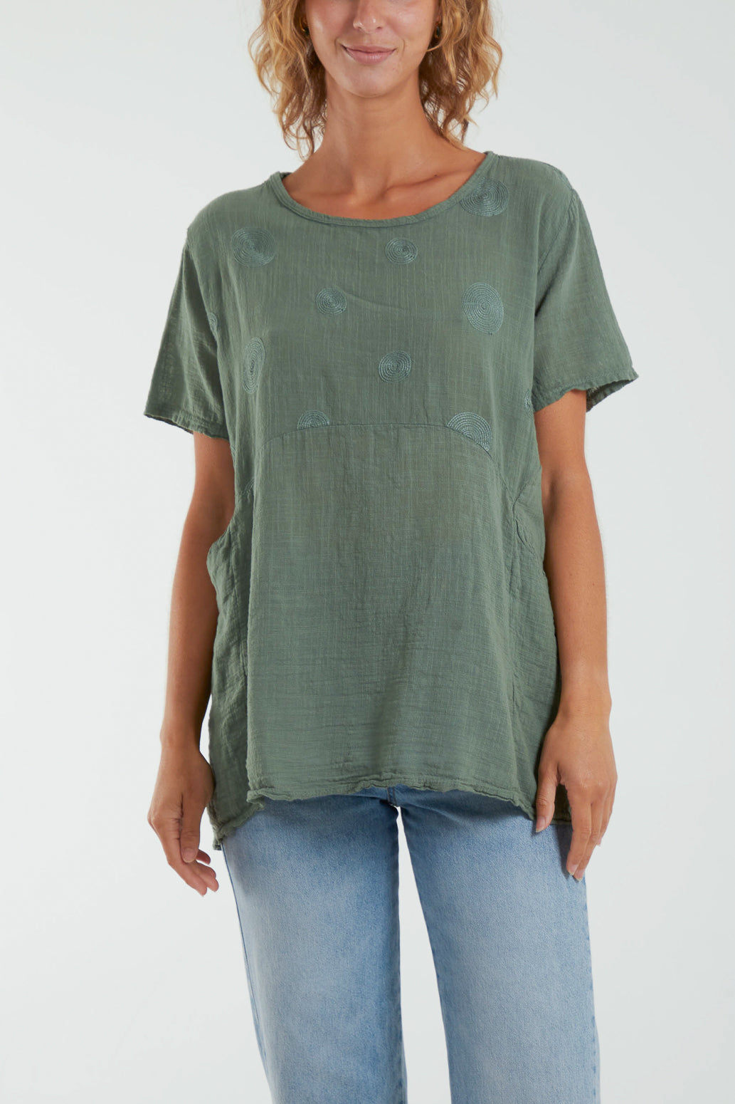 Embroidery Spirals Pocket Top Tops WearAll Khaki One Size