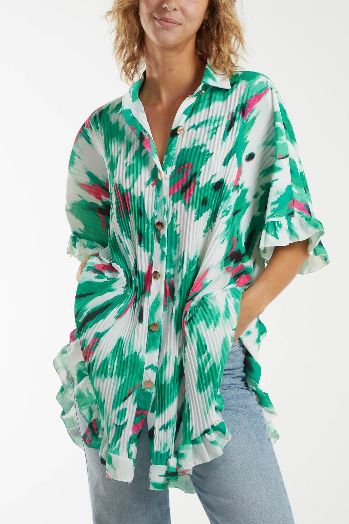 Abstract Tie Dye Frill Hem Plisse Shirt Dresses WearAll Jade One Size