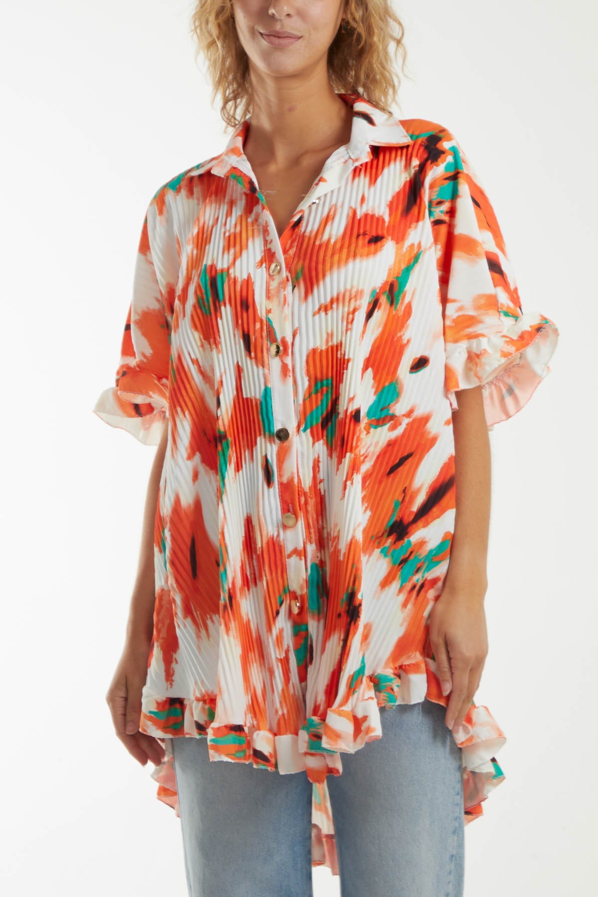 Abstract Tie Dye Frill Hem Plisse Shirt Dresses WearAll Orange One Size