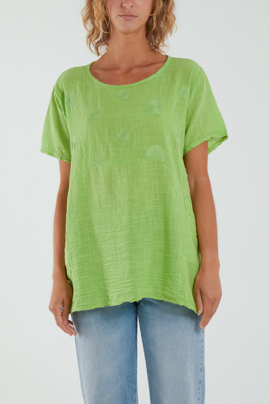 Embroidery Spirals Pocket Top Tops WearAll Lime One Size