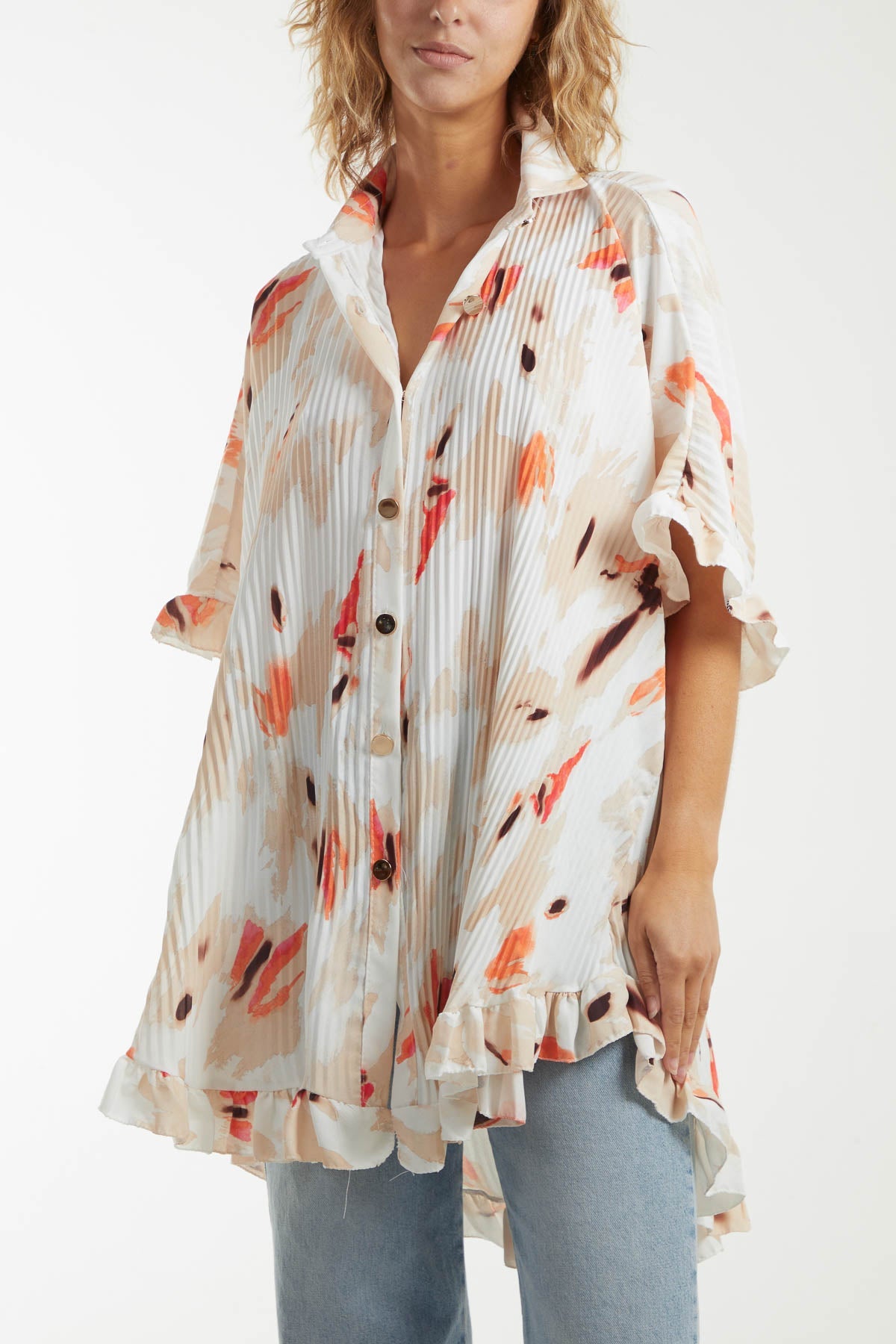 Abstract Tie Dye Frill Hem Plisse Shirt Dresses WearAll Beige One Size