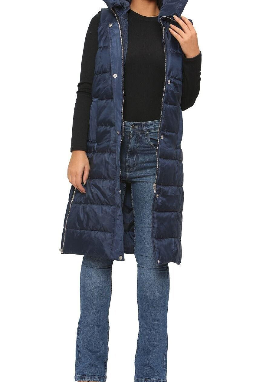 Long Line Hooded Puffer Gilet Jacket Zip Up Jacket WearAll Navy S