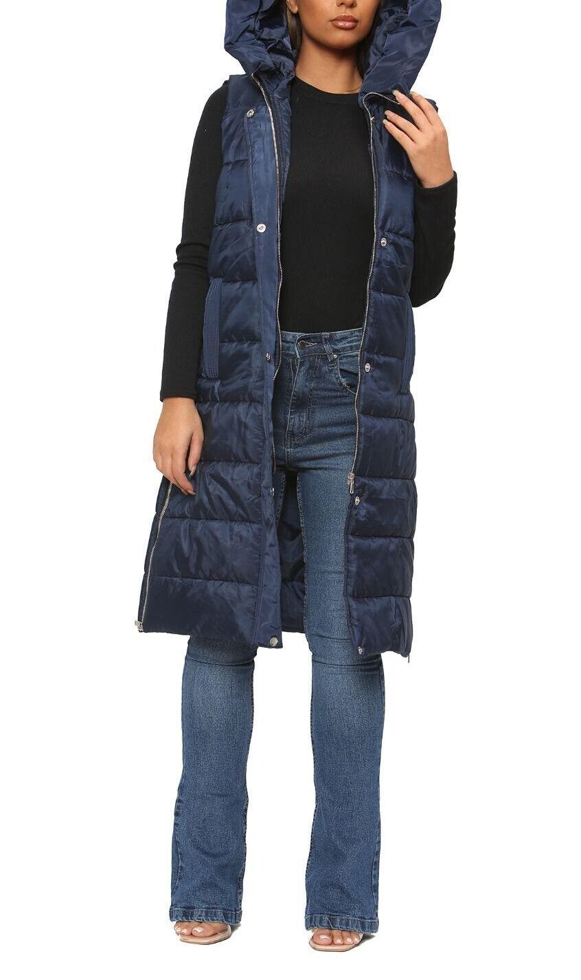 Long Line Hooded Puffer Gilet Jacket Zip Up Jacket WearAll Navy S